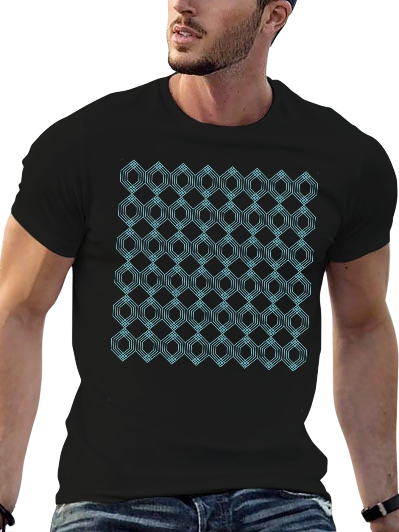 Black Geometric Hexagon Pattern Black T-Shirt view 6
