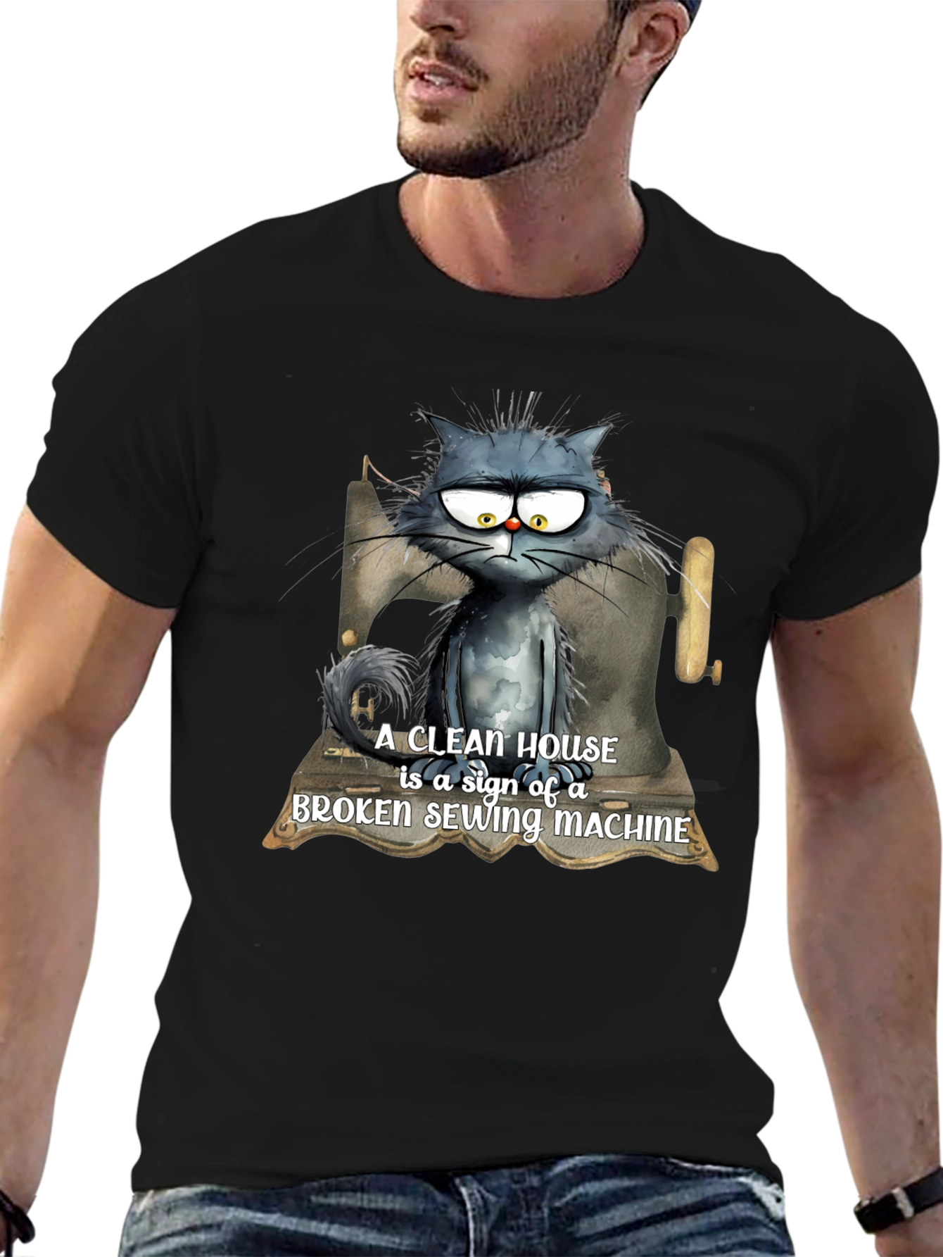 Black Cat & Sewing Machine T-Shirt - Humorous Design view 6