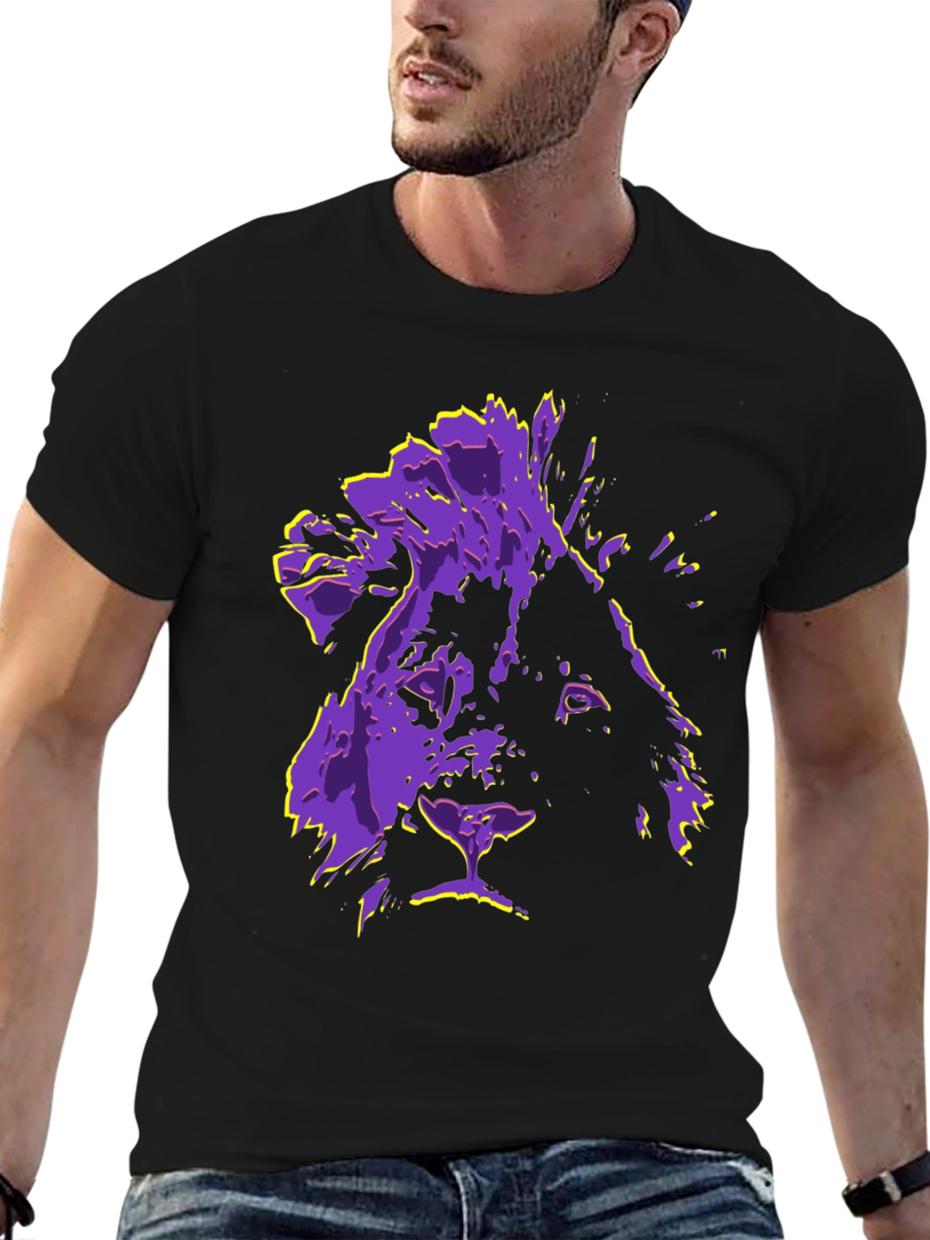 Black Lion Graphic Tee - Purple & Yellow Print T-Shirt view 6