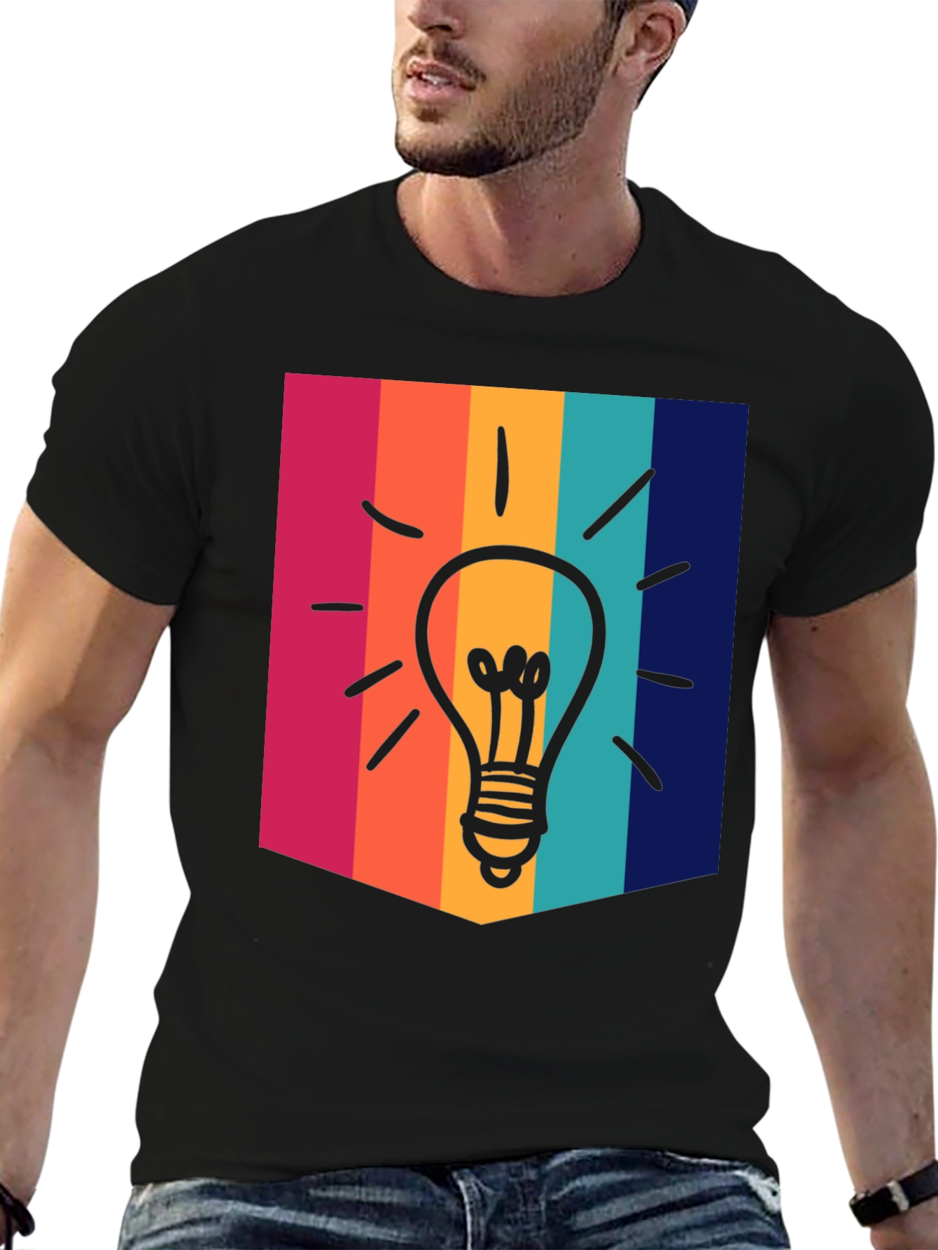 Black Creative Idea Bulb Colorful Stripe T-Shirt view 6