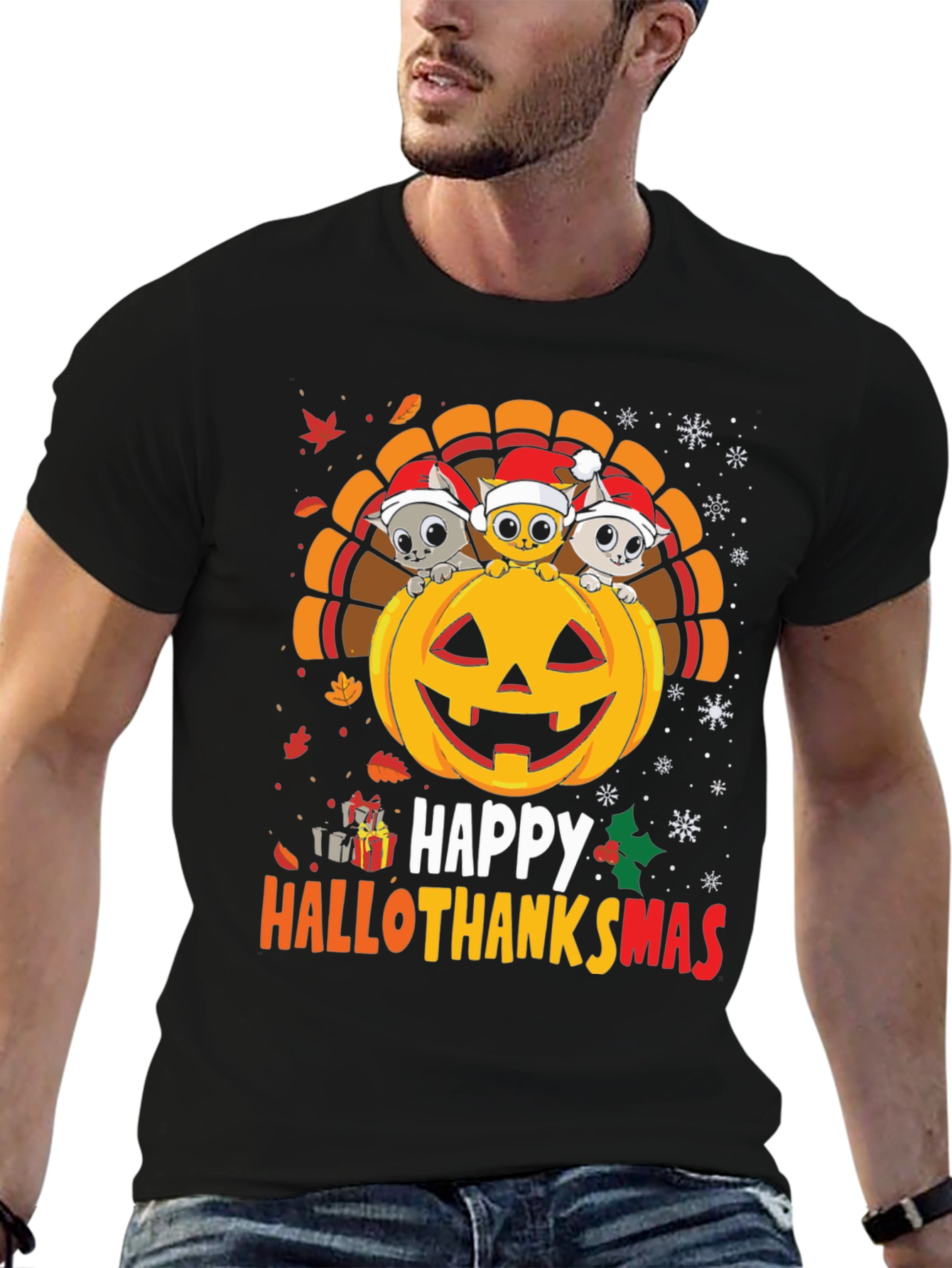 Black Happy Hallothanksmas T-Shirt view 6