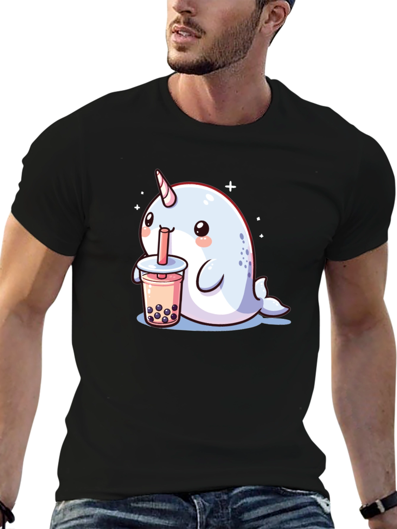 Black Cute Narwhal Boba Tea Graphic T-Shirt view 6