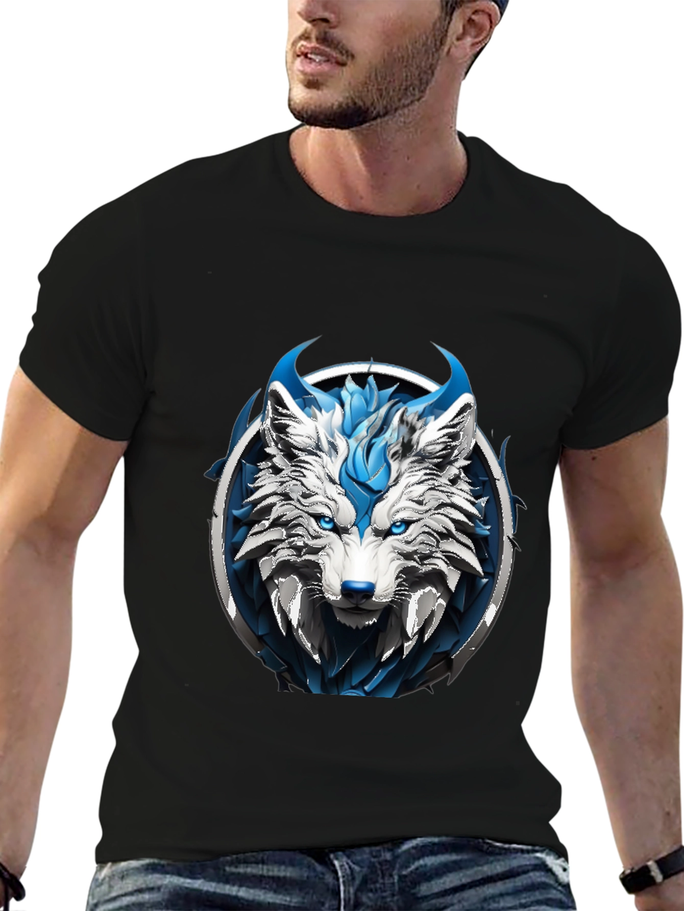 Black Abstract Blue Wolf Graphic Tee view 6