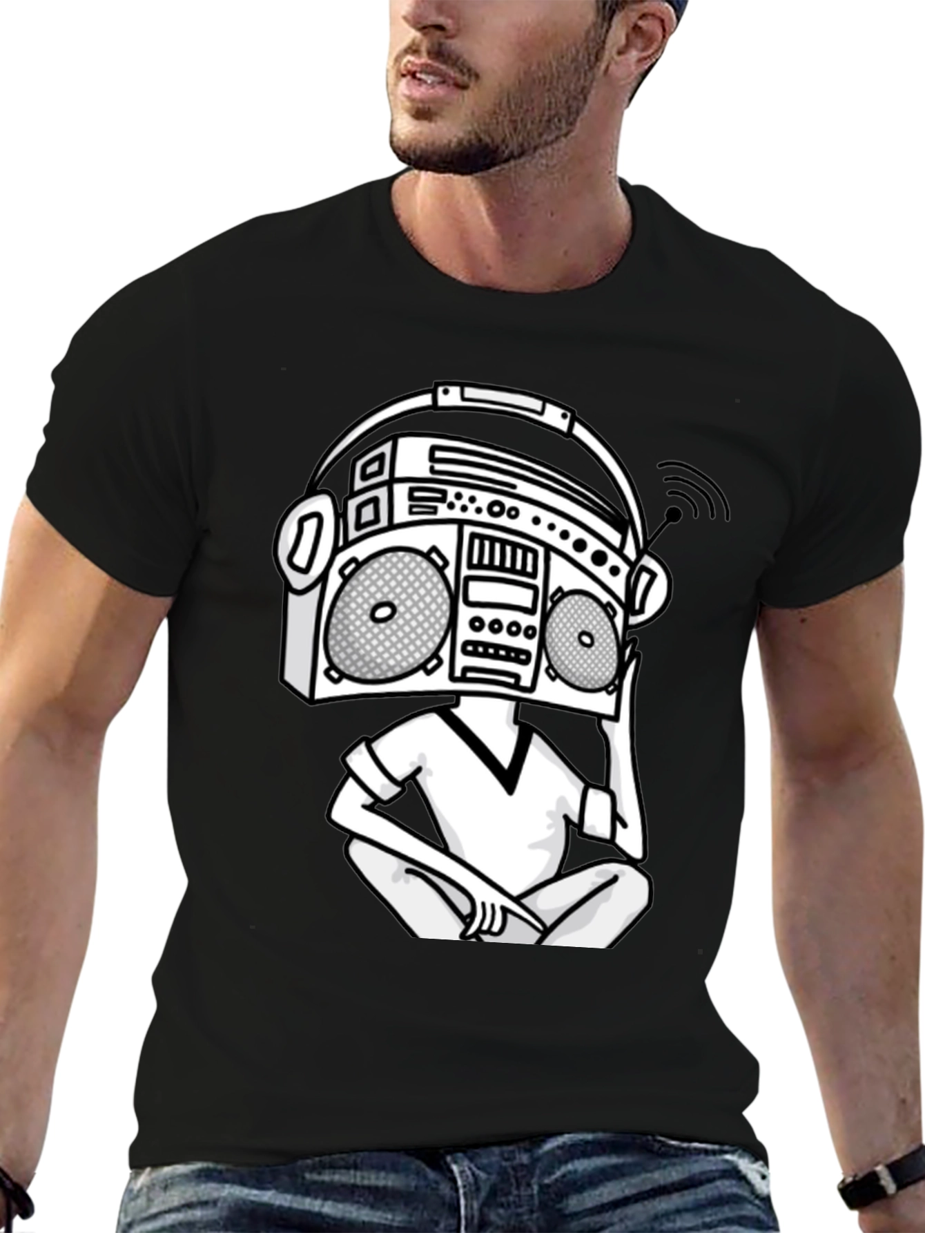 Black Retro Boombox Head T-Shirt - Classic Hip Hop Style view 6