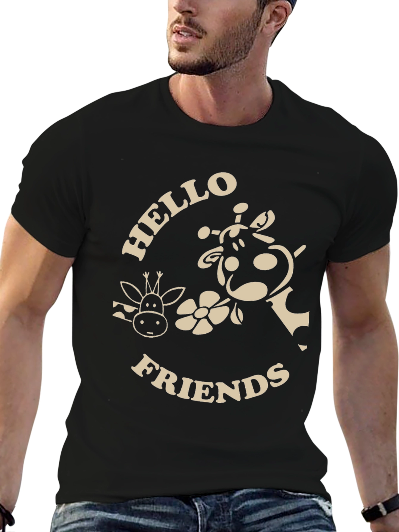 Black Hello Friends Giraffe Graphic T-Shirt view 6