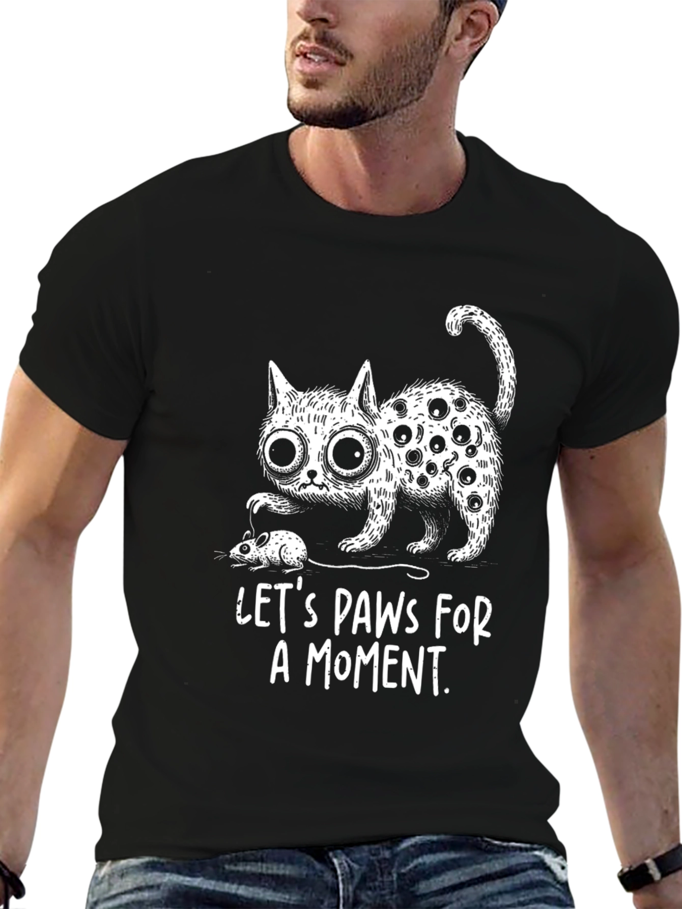 Black Funny Cat Graphic Tee: Let's Paws For A Moment view 6