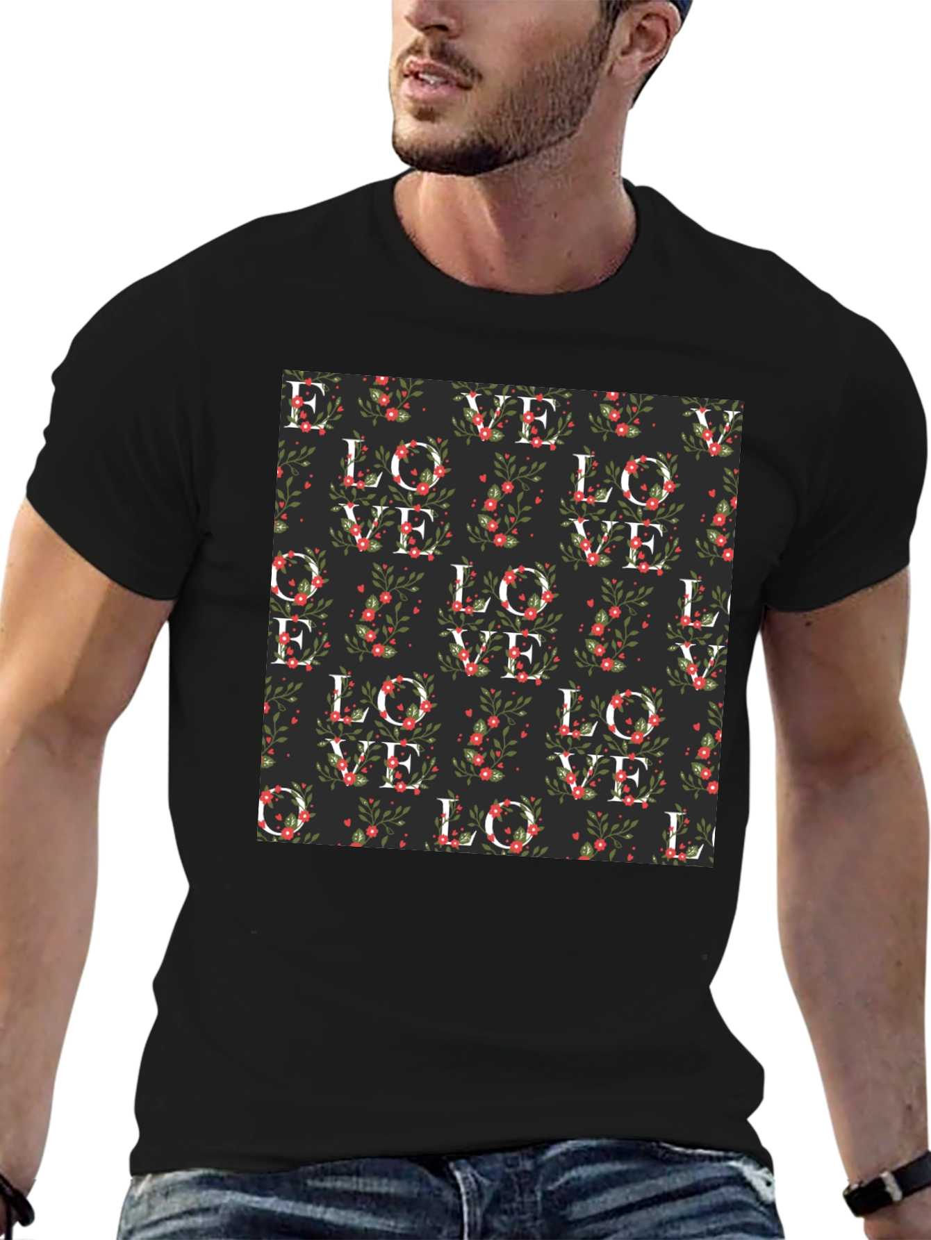 Black Floral Love Pattern T-Shirt view 6