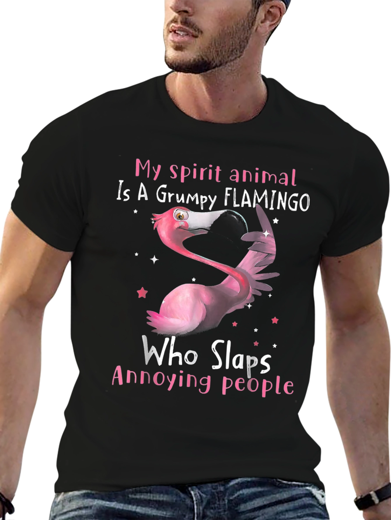 Black Grumpy Flamingo T-Shirt - Slap Annoying People Funny Tee view 6