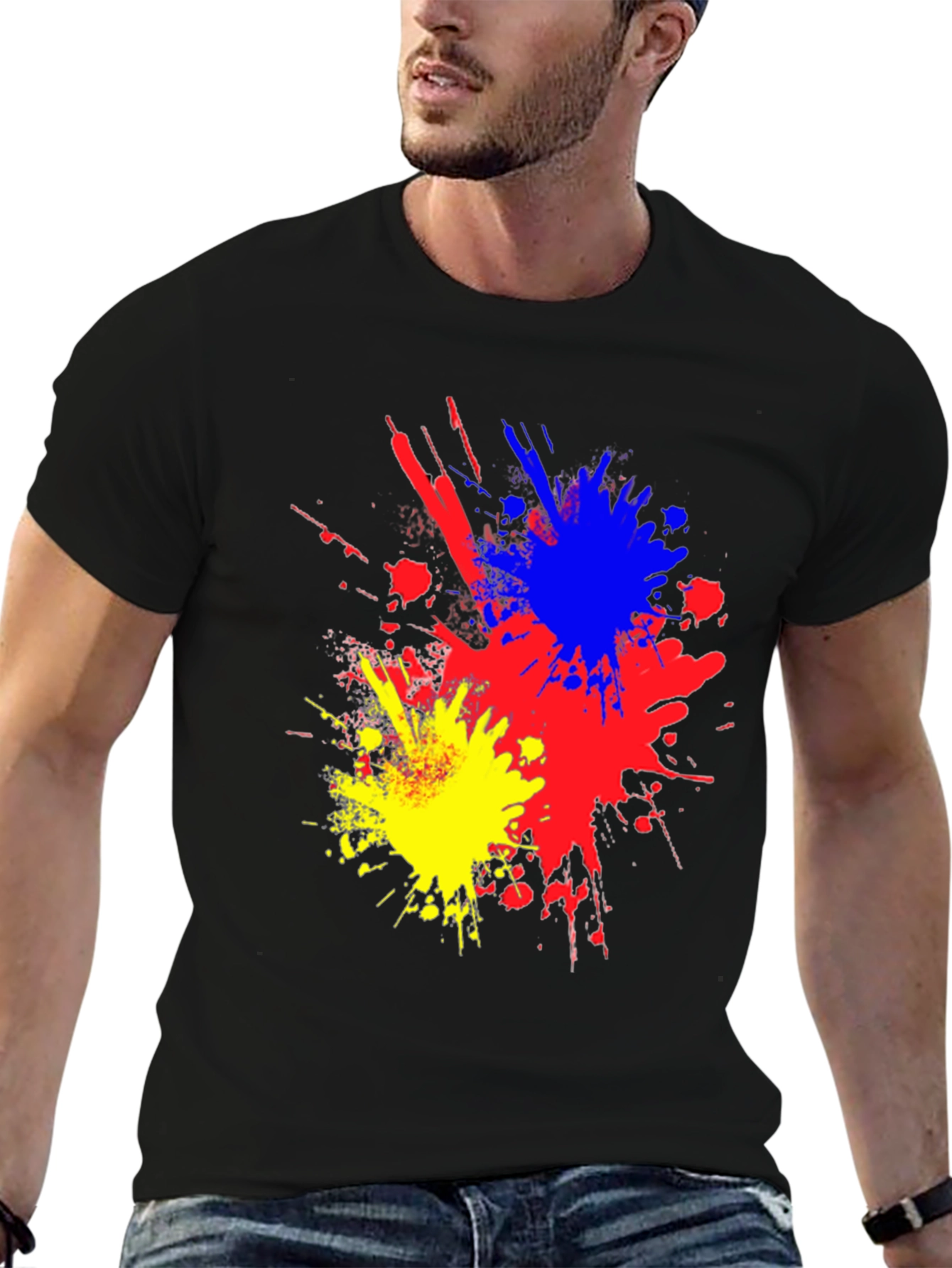 Black Abstract Paint Splatter Graphic Black T-Shirt view 6