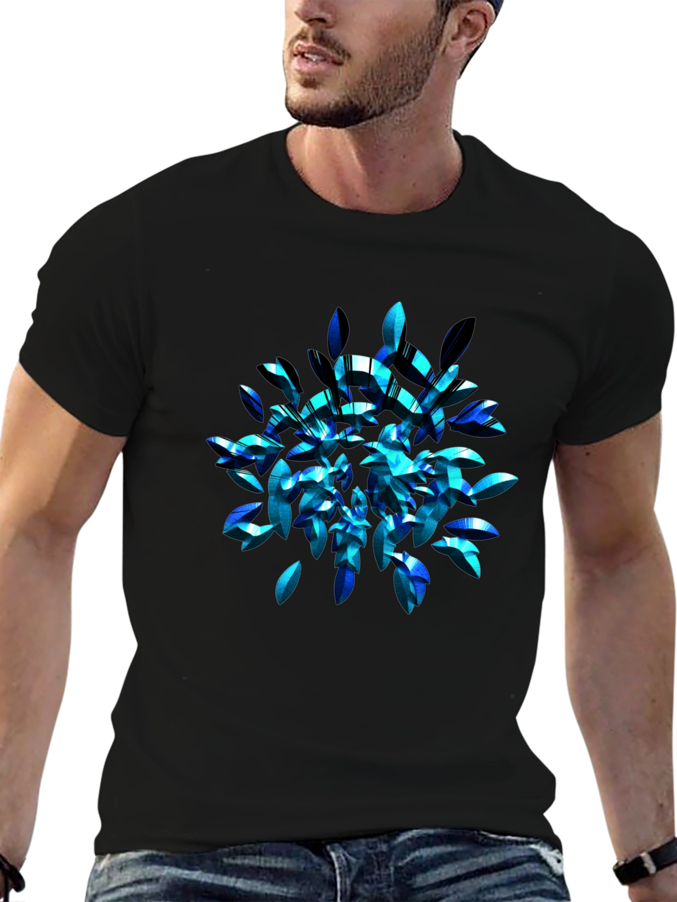 Black Abstract Blue Leaf T-Shirt - Modern Graphic Tee view 6