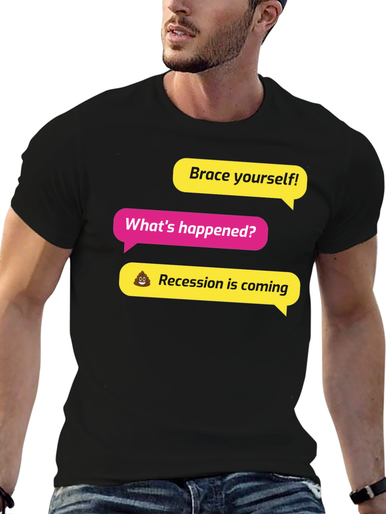 Black Brace Yourself! Recession Humor Graphic Tee view 6