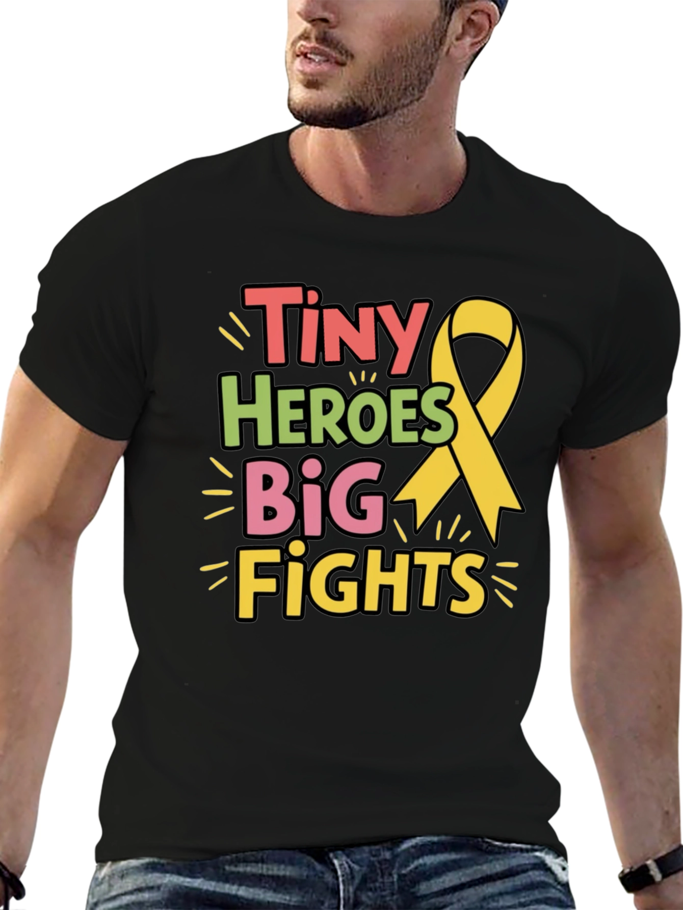 Black Tiny Heroes Big Fights T-Shirt - Childhood Cancer Awareness view 6