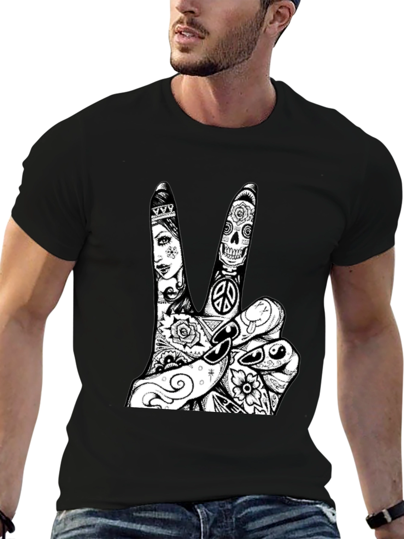Black Peace Sign Tattoo Graphic Tee - Black Cotton T-Shirt view 6