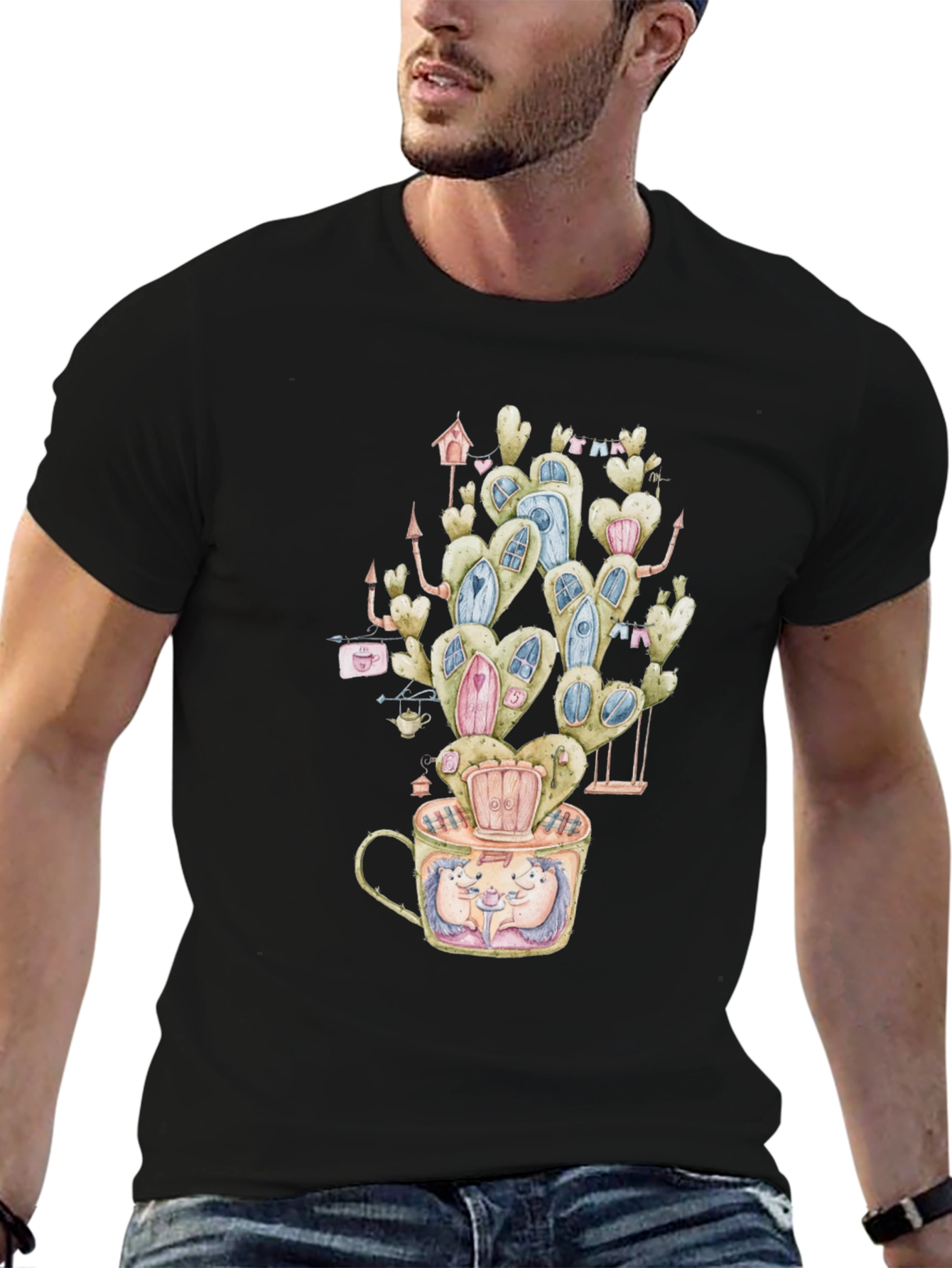 Black Whimsical Hedgehog Cactus Tee view 6