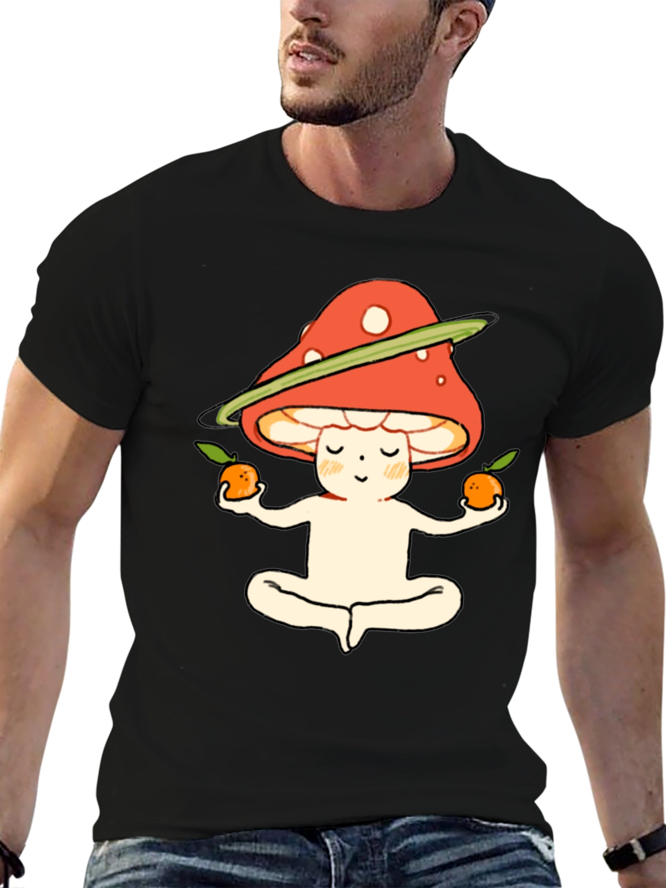 Black Meditating Mushroom T-Shirt view 6
