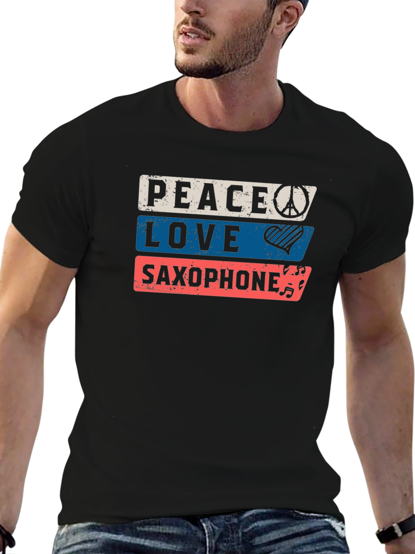 Black Peace Love Saxophone Graphic Tee view 6