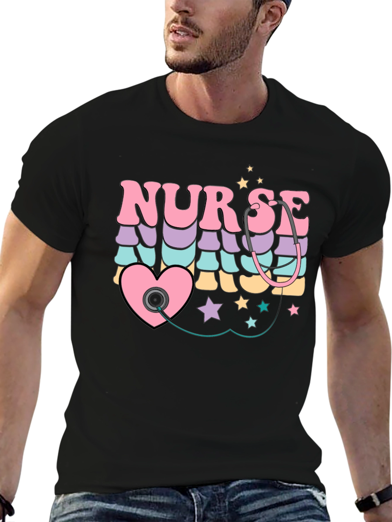 Black Retro Nurse T-Shirt with Stethoscope Heart Design view 6