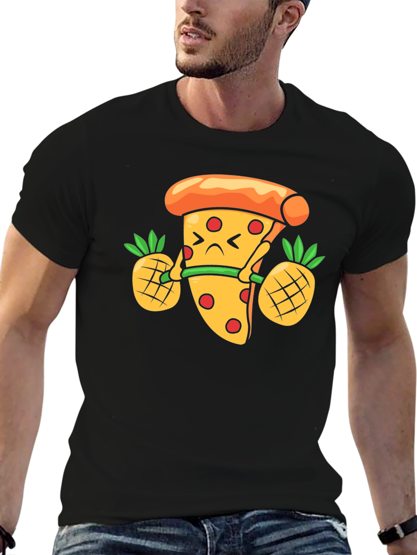 Black Pizza Lifting Pineapple Weights Funny T-Shirt view 6