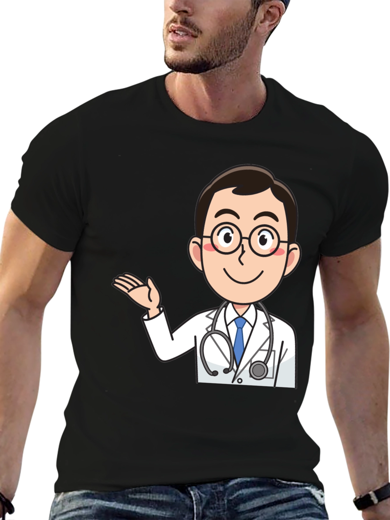 Black Cartoon Doctor Graphic T-Shirt - Black Cotton Tee view 6
