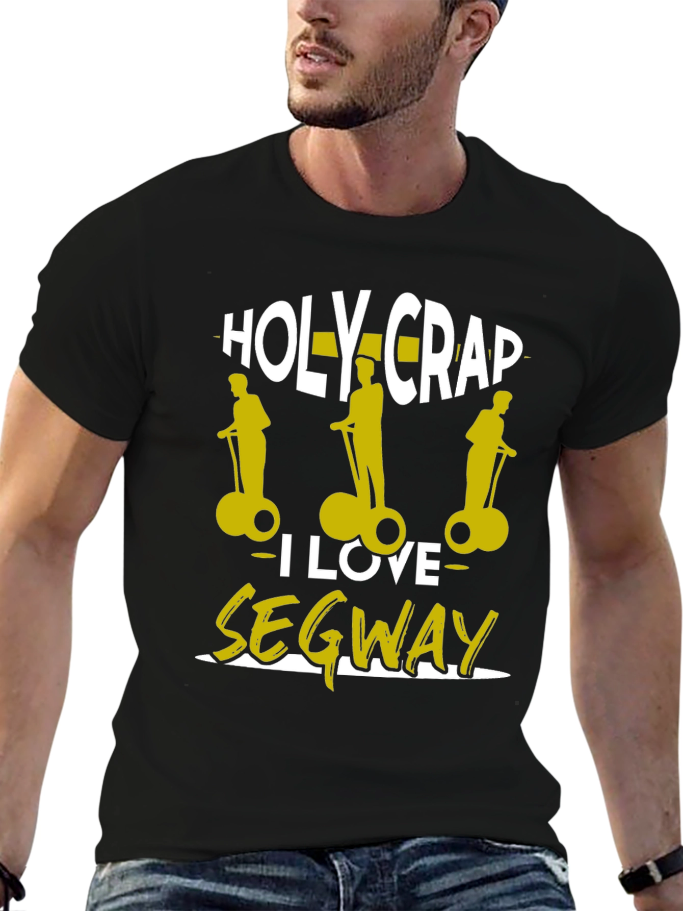 Black Holy Crap I Love Segway T-Shirt - Black Cotton Tee view 6