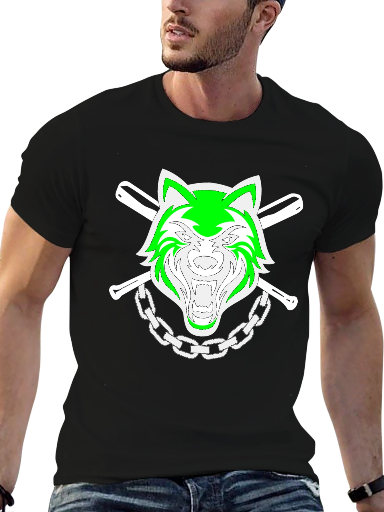 Black Green Wolf Graphic Black T-Shirt view 6