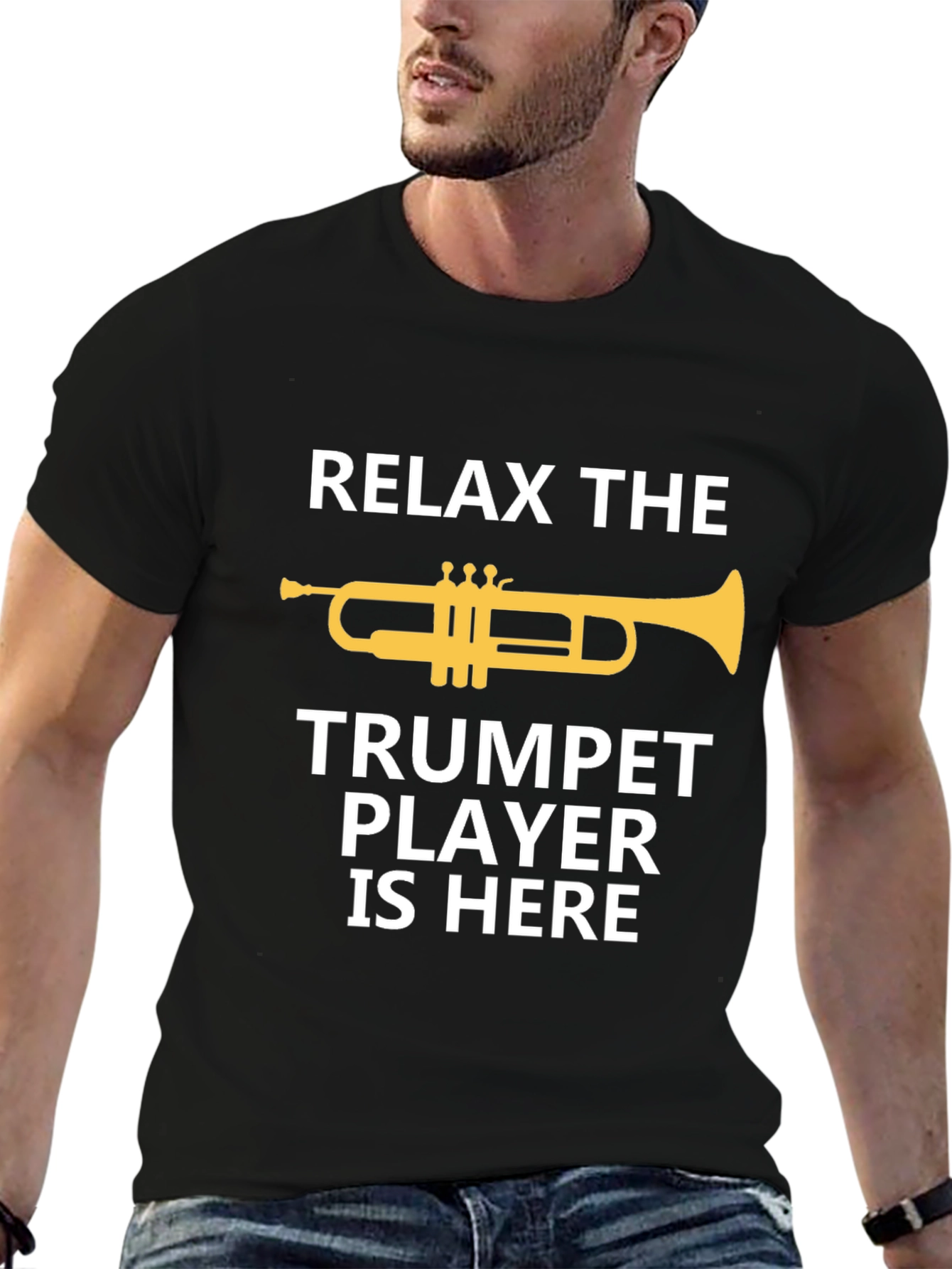 Black Relax Trumpet Player Here - Musician Graphic Tee view 6