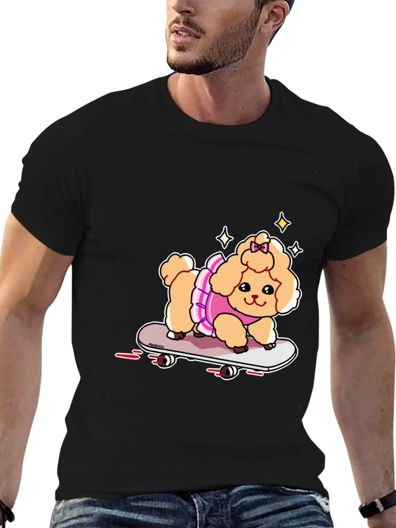 Black Cute Skateboard Poodle T-Shirt view 6