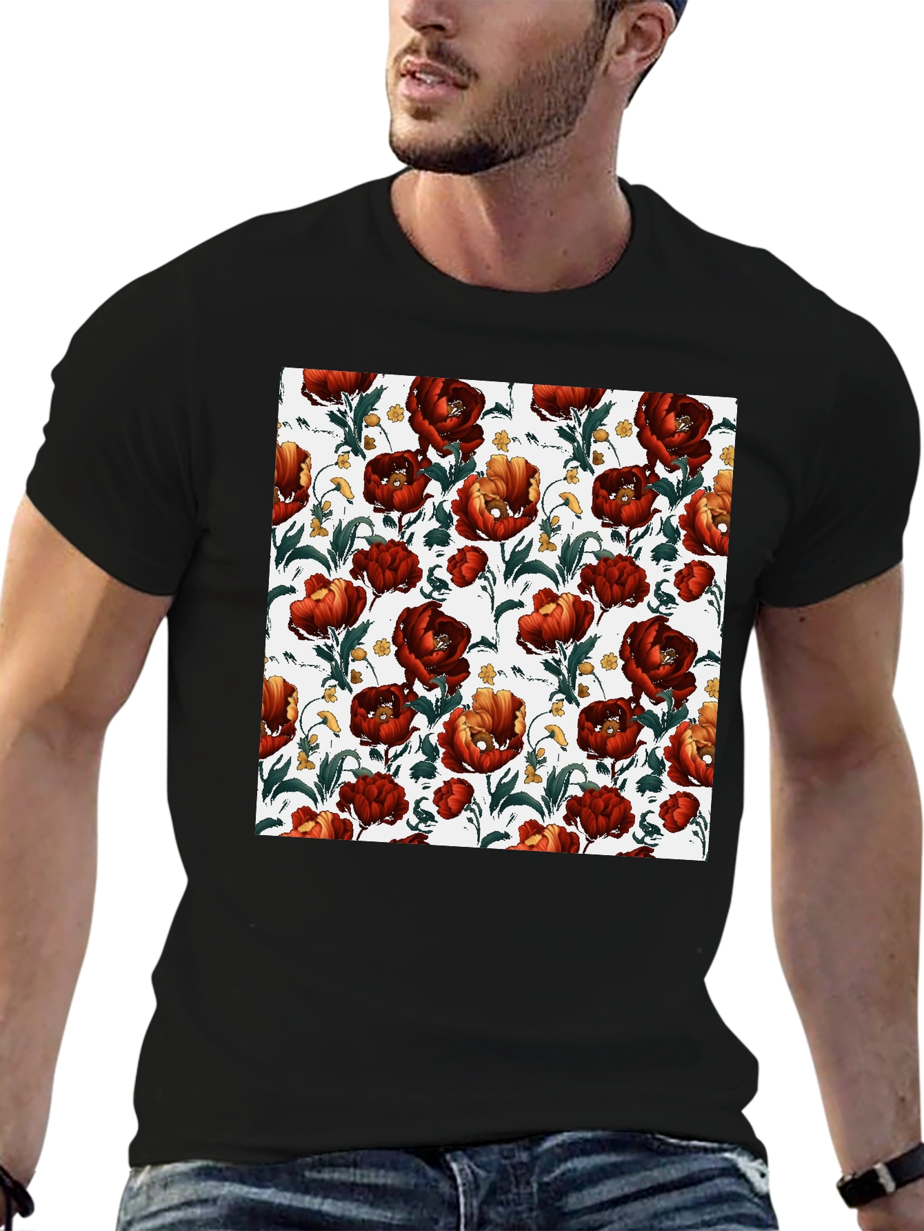 Black Floral Print Crew Neck T-Shirt - Bold Red Blooms view 6