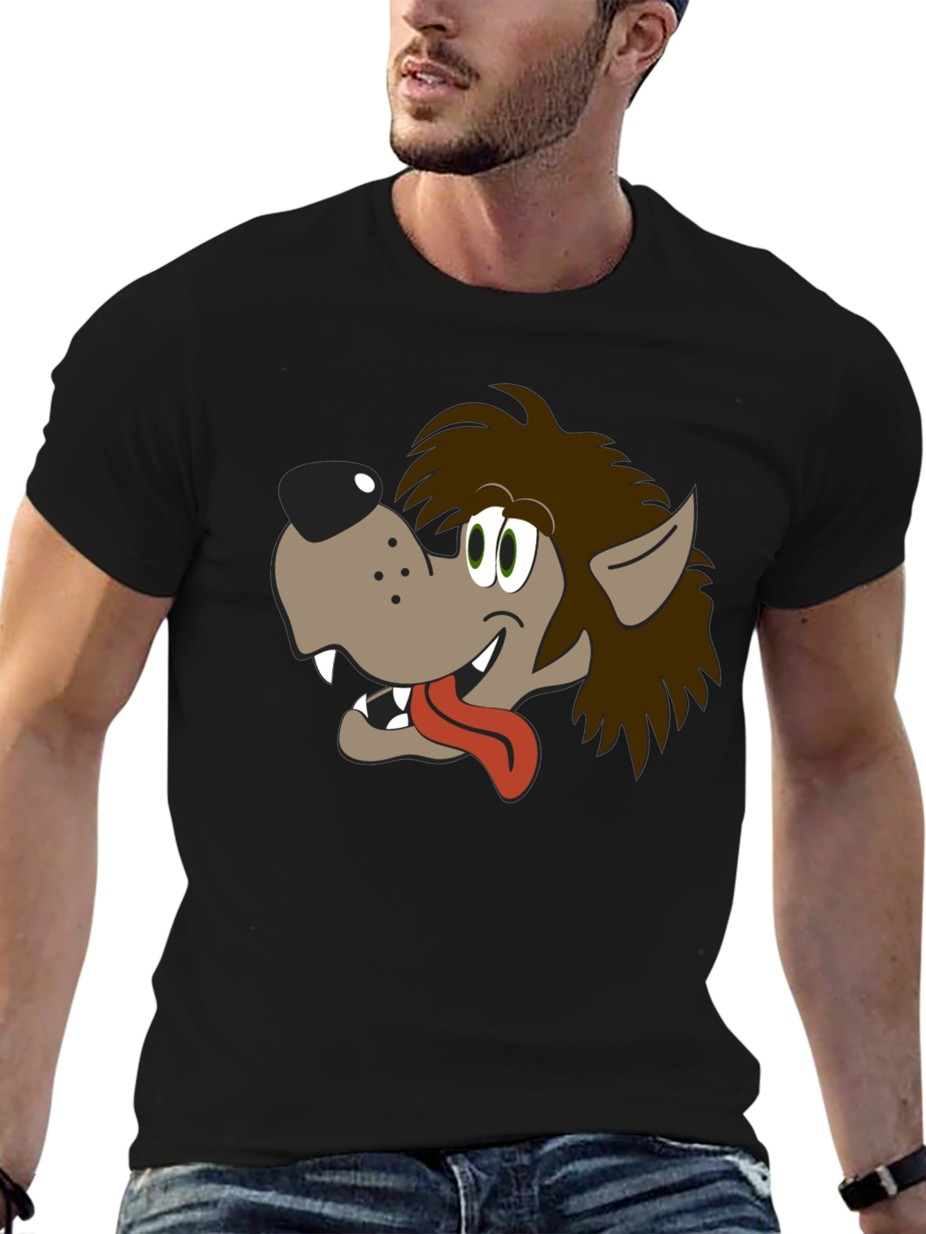 Black Cartoon Wolf Graphic Tee - Black Cotton Blend Shirt view 6