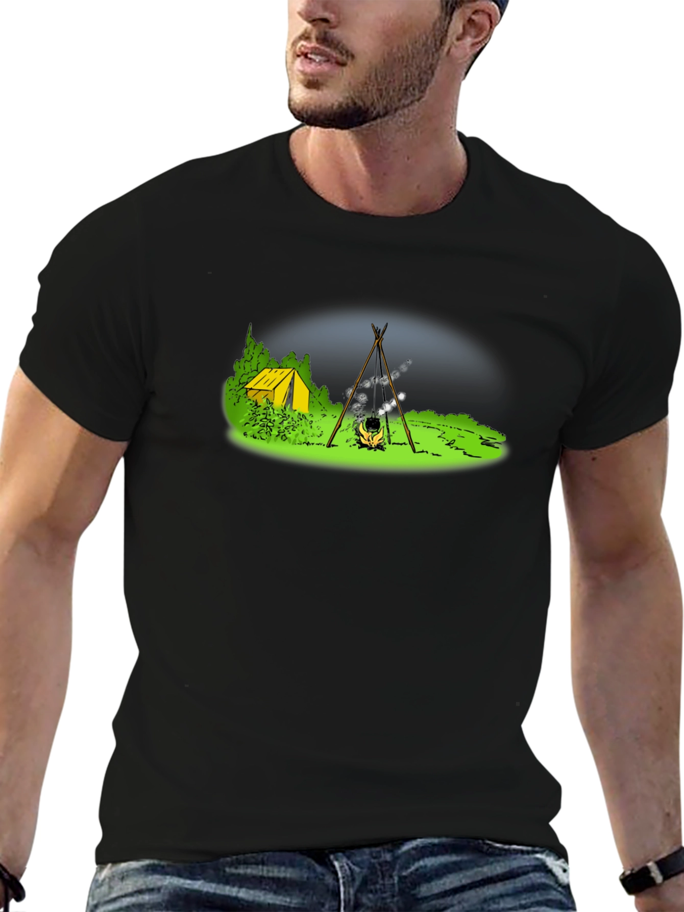 Black Camping T-Shirt - Tent & Bonfire Graphic Tee view 6