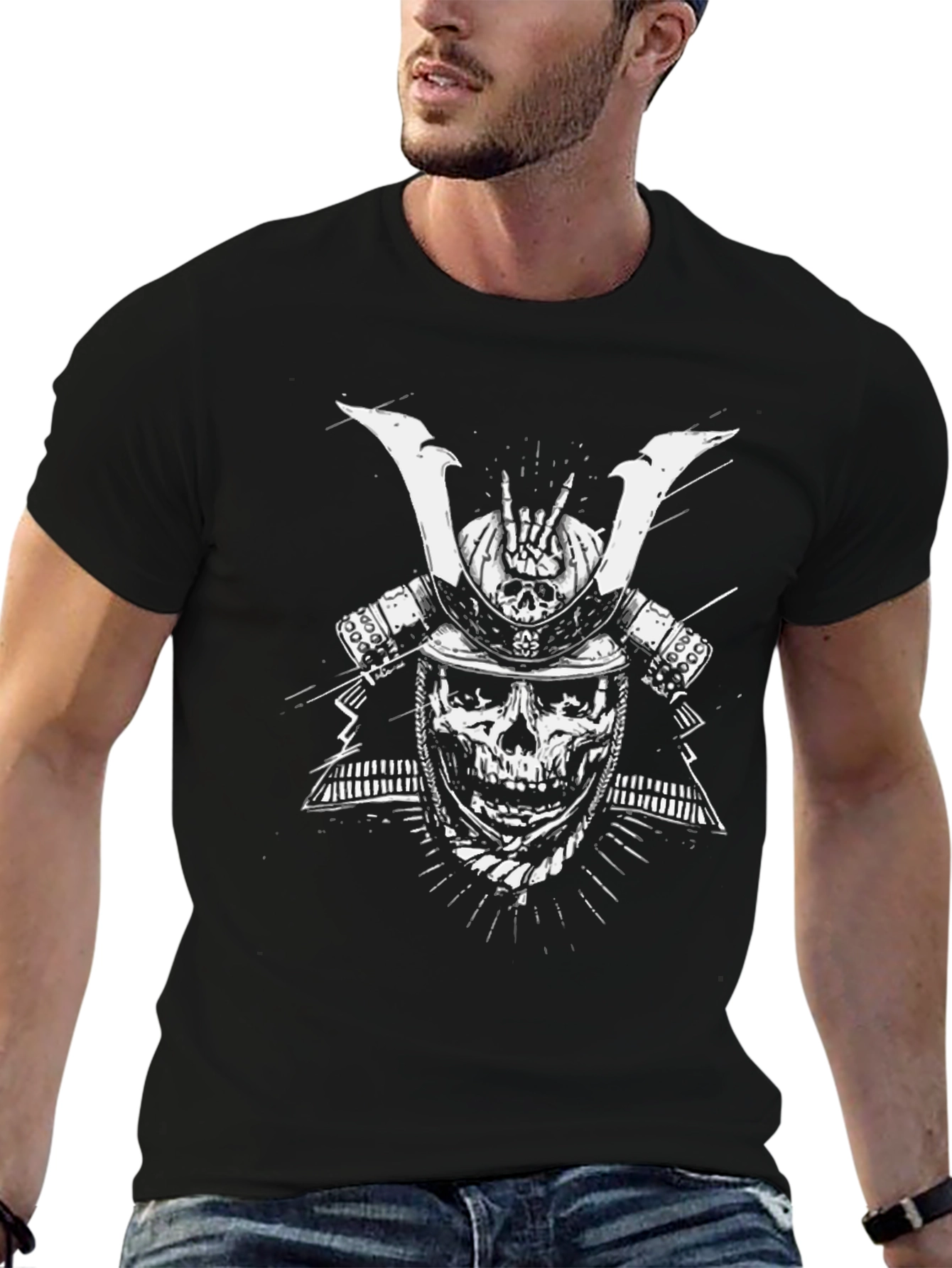 Black Skull Samurai Graphic Tee - Black Cotton T-Shirt view 6