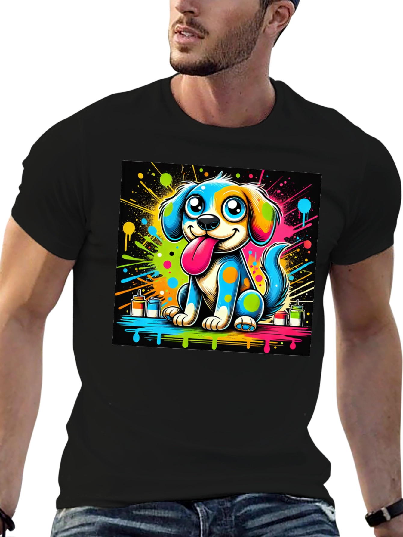 Black Colorful Cartoon Dog Graphic Tee view 6