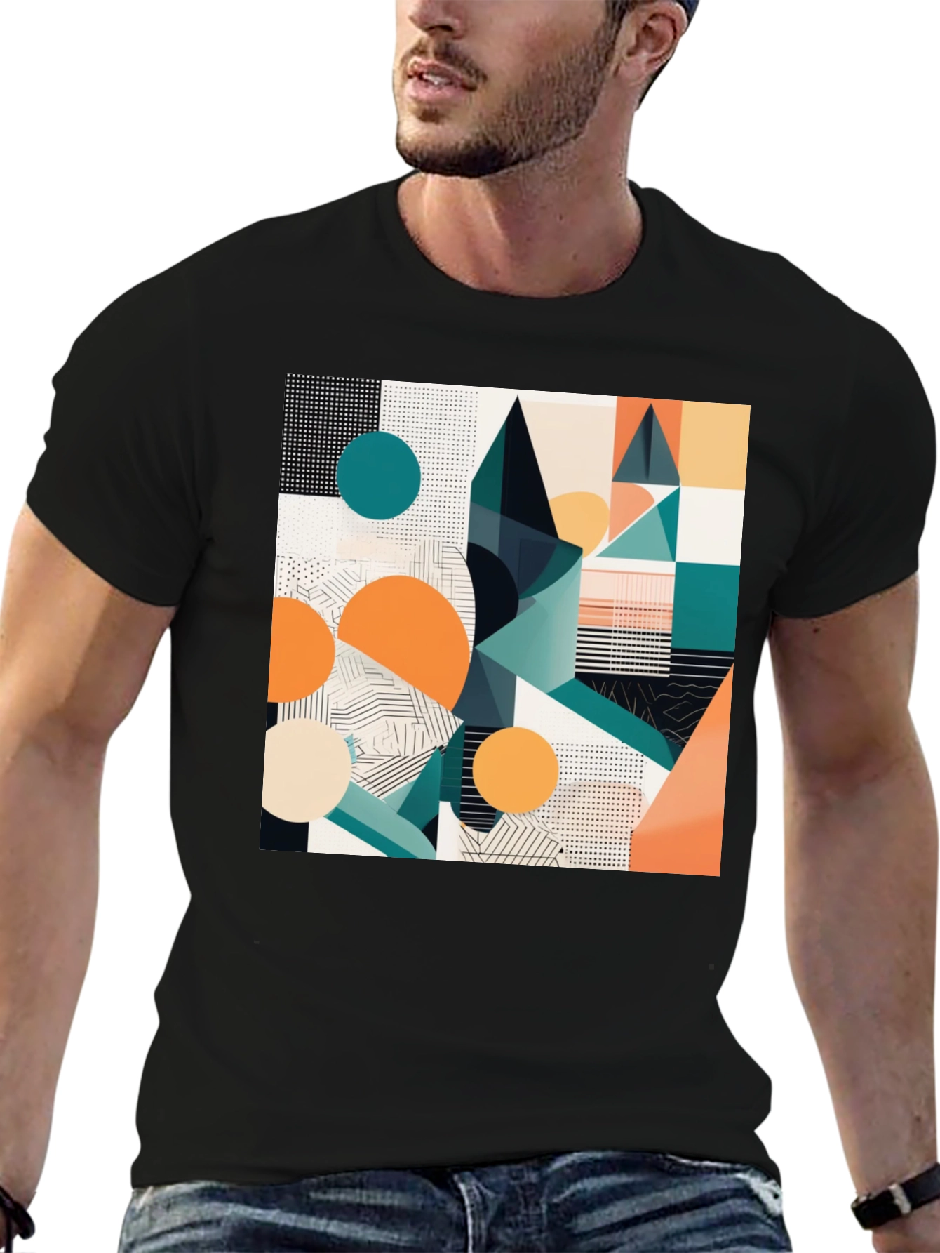 Black Abstract Geometric Print Black T-Shirt view 6