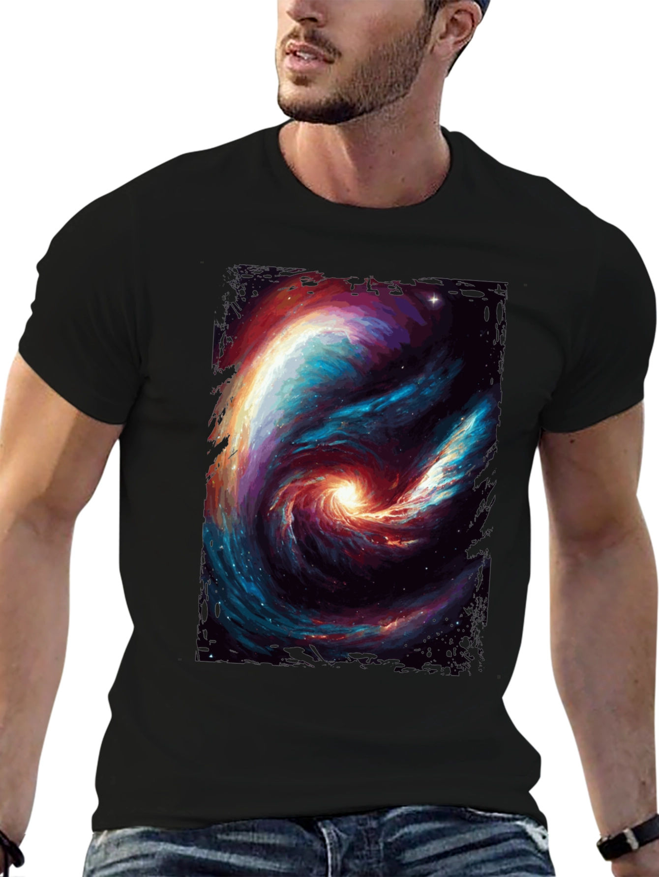 Black Cosmic Galaxy Swirl Graphic T-Shirt - Black view 6