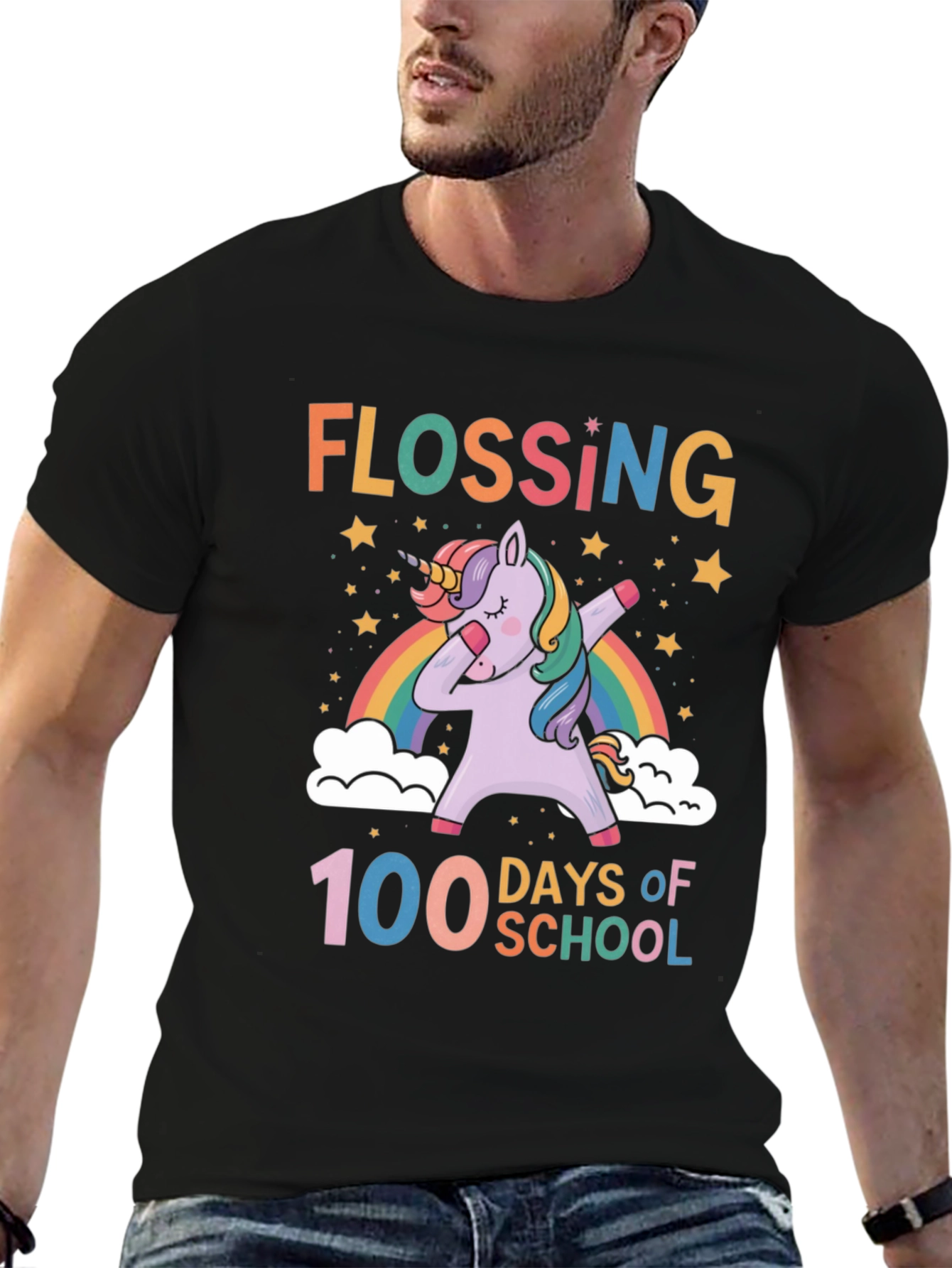 Black Flossing Unicorn 100 Days of School T-Shirt view 6