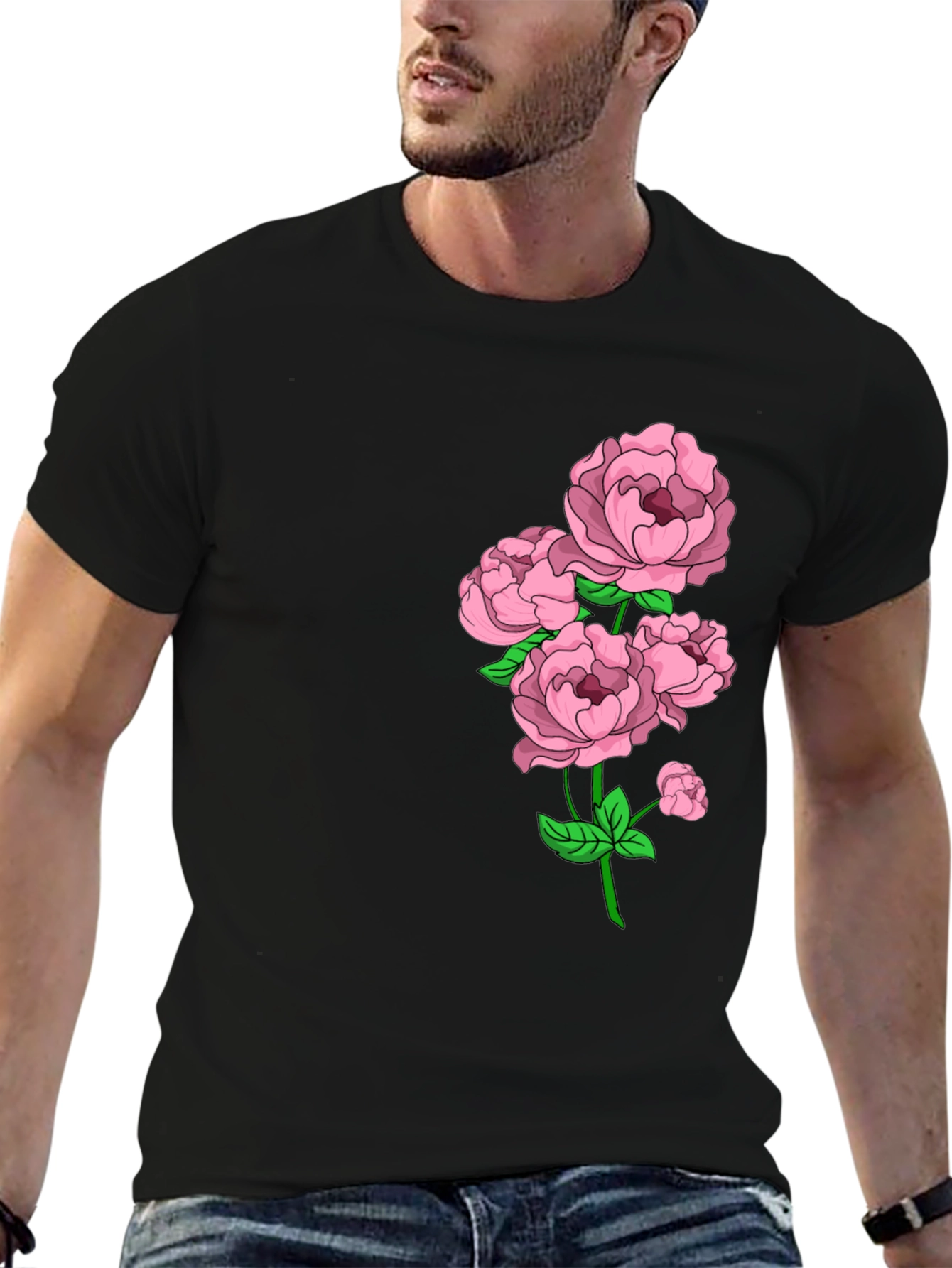 Black Floral Print Crew Neck Tee - Elegant Casual Wear view 6