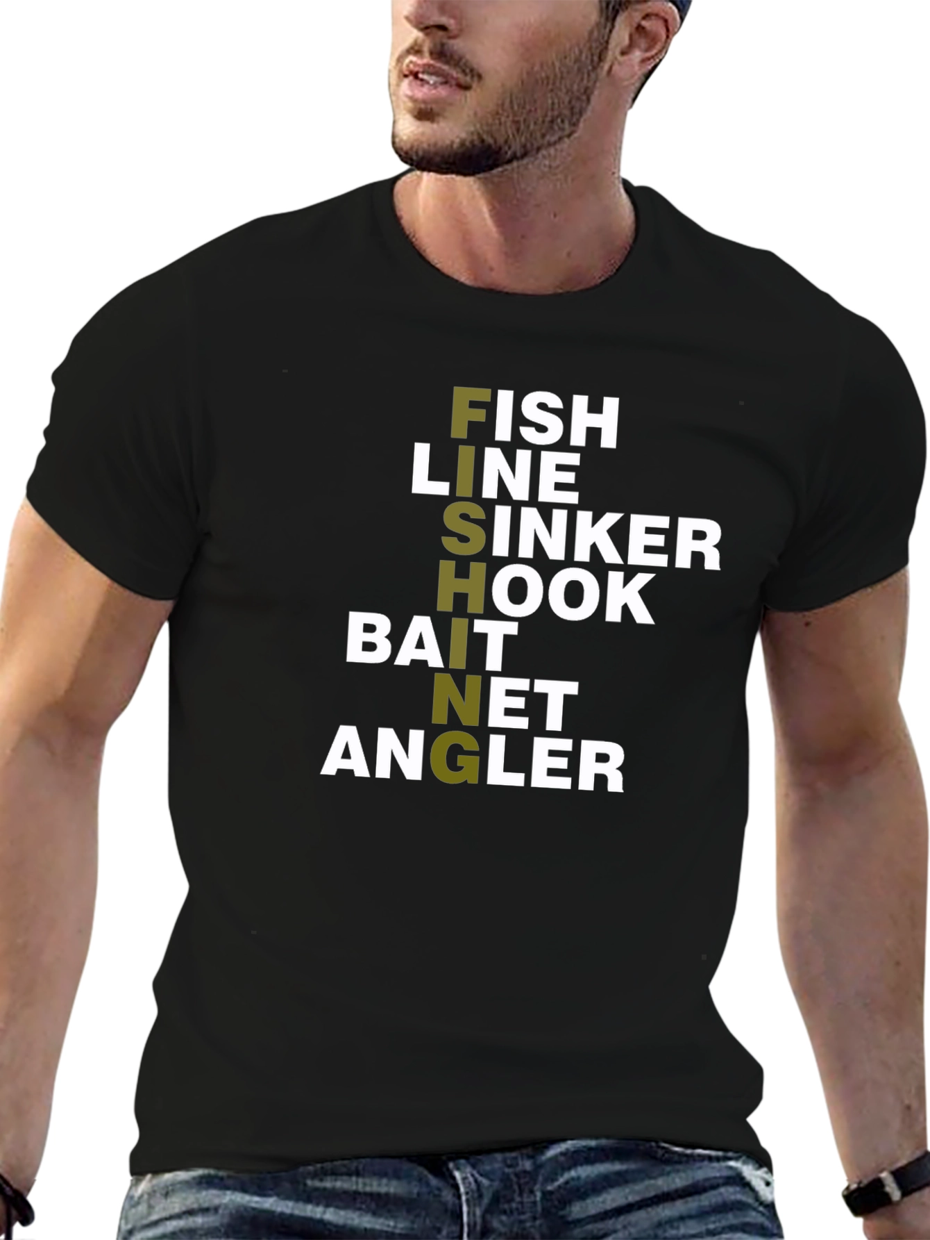 Black Fishing T-Shirt: Fish, Hook, Line, Bait, Angler Design view 6
