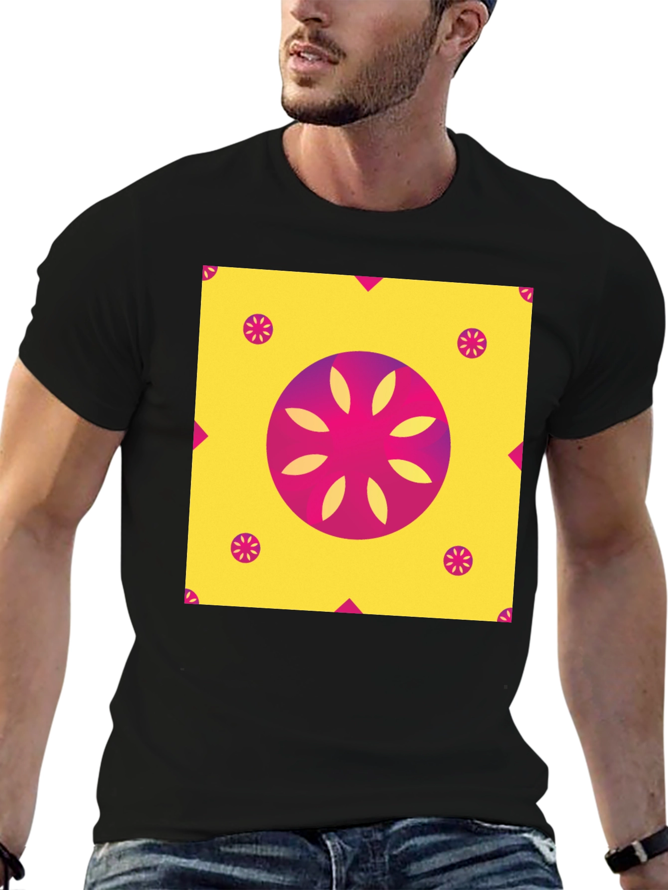 Black Geometric Floral Print T-Shirt - Vibrant Design view 6
