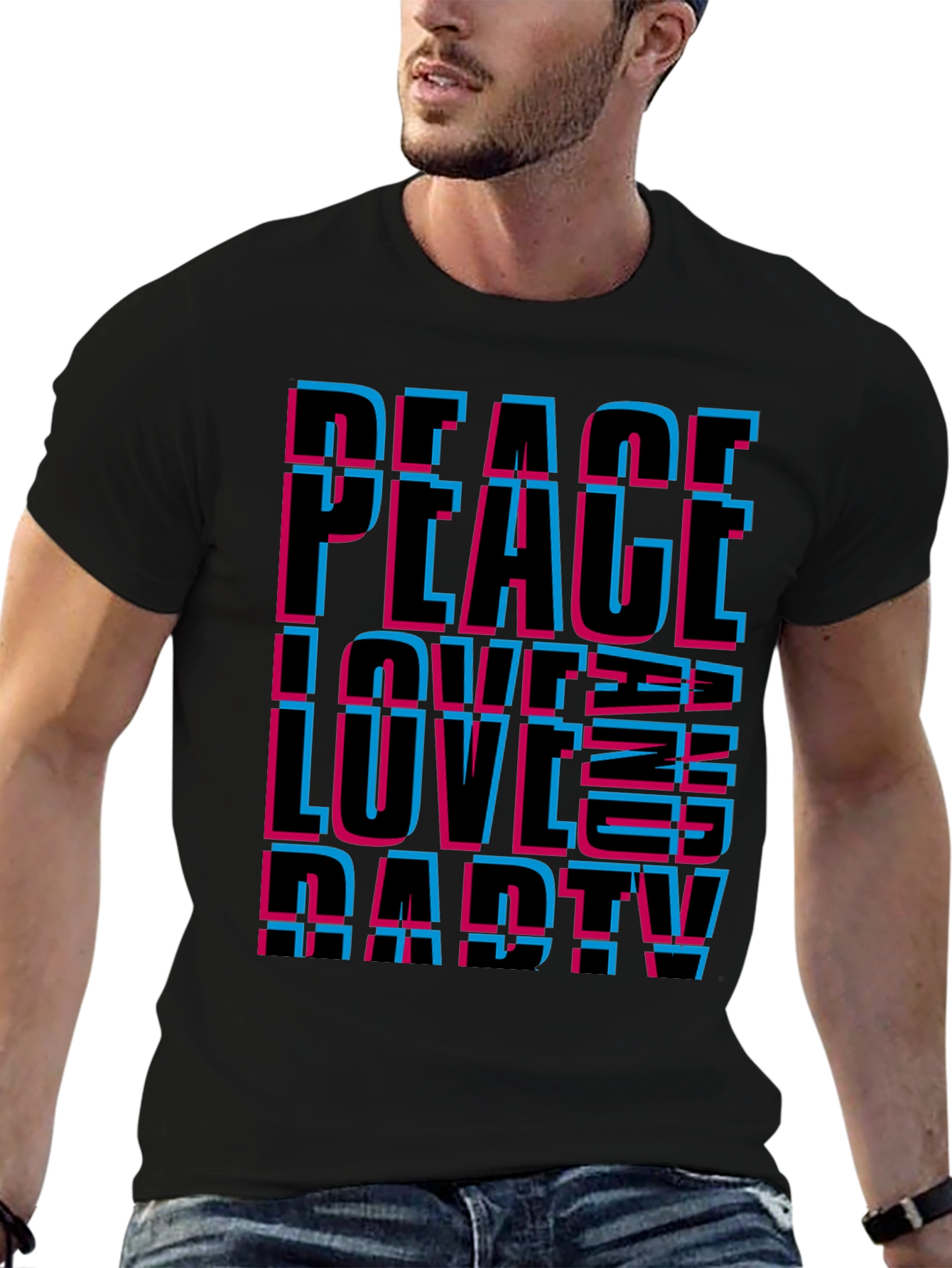 Black Peace Love Party Graphic Tee - Black Casual T-Shirt view 6