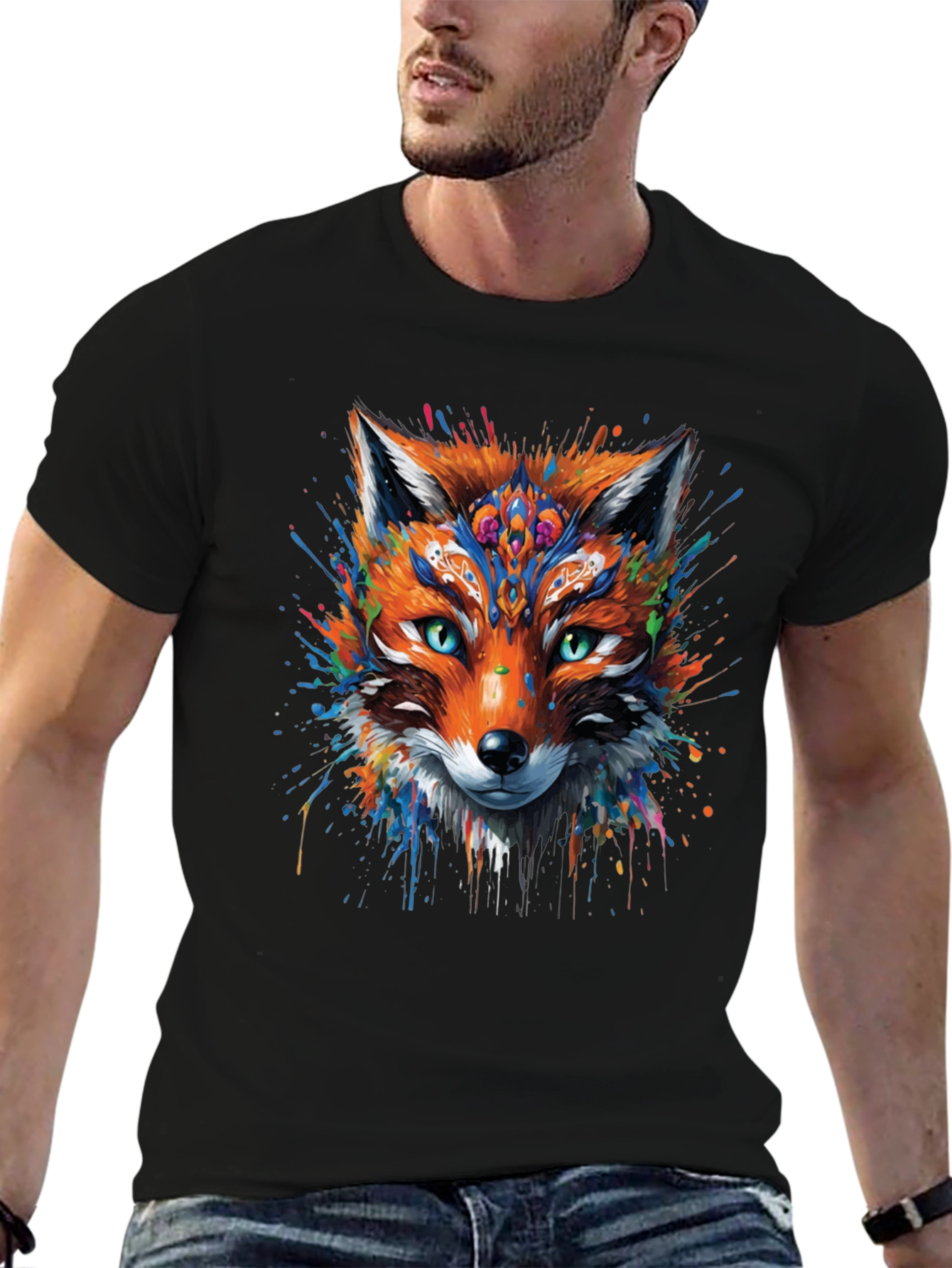 Black Abstract Fox Graphic Black T-Shirt view 6
