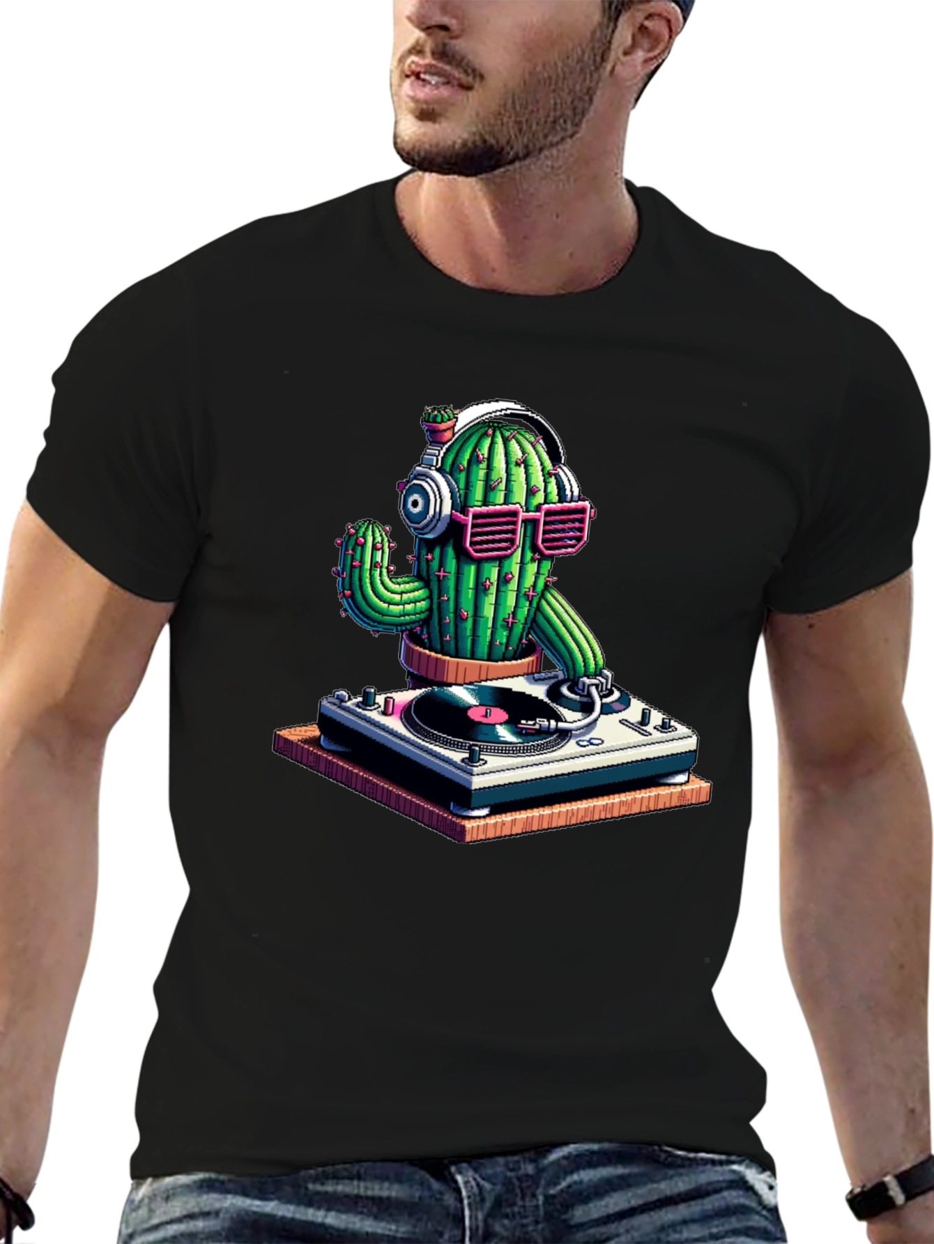 Black DJ Cactus T-Shirt - Black Cotton Tee view 6