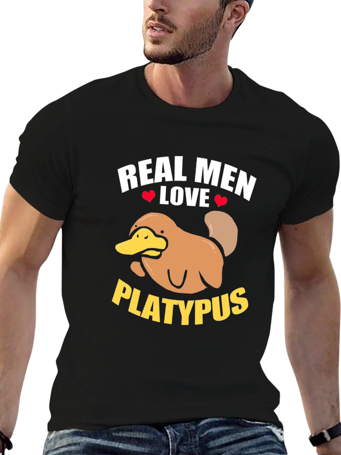 Black Real Men Love Platypus T-Shirt - Novelty Graphic Tee view 6