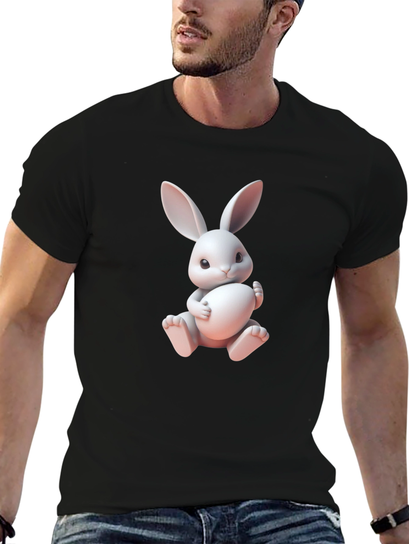 Black Cute Bunny Graphic Tee - Soft Cotton Blend view 6