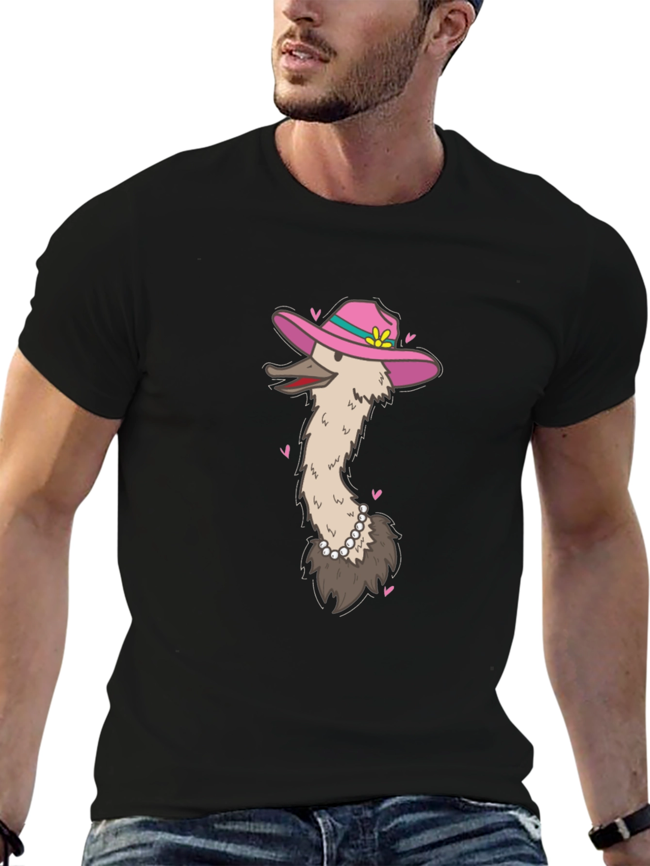 Black Ostrich in Hat Graphic Tee - Black Cotton T-Shirt view 6