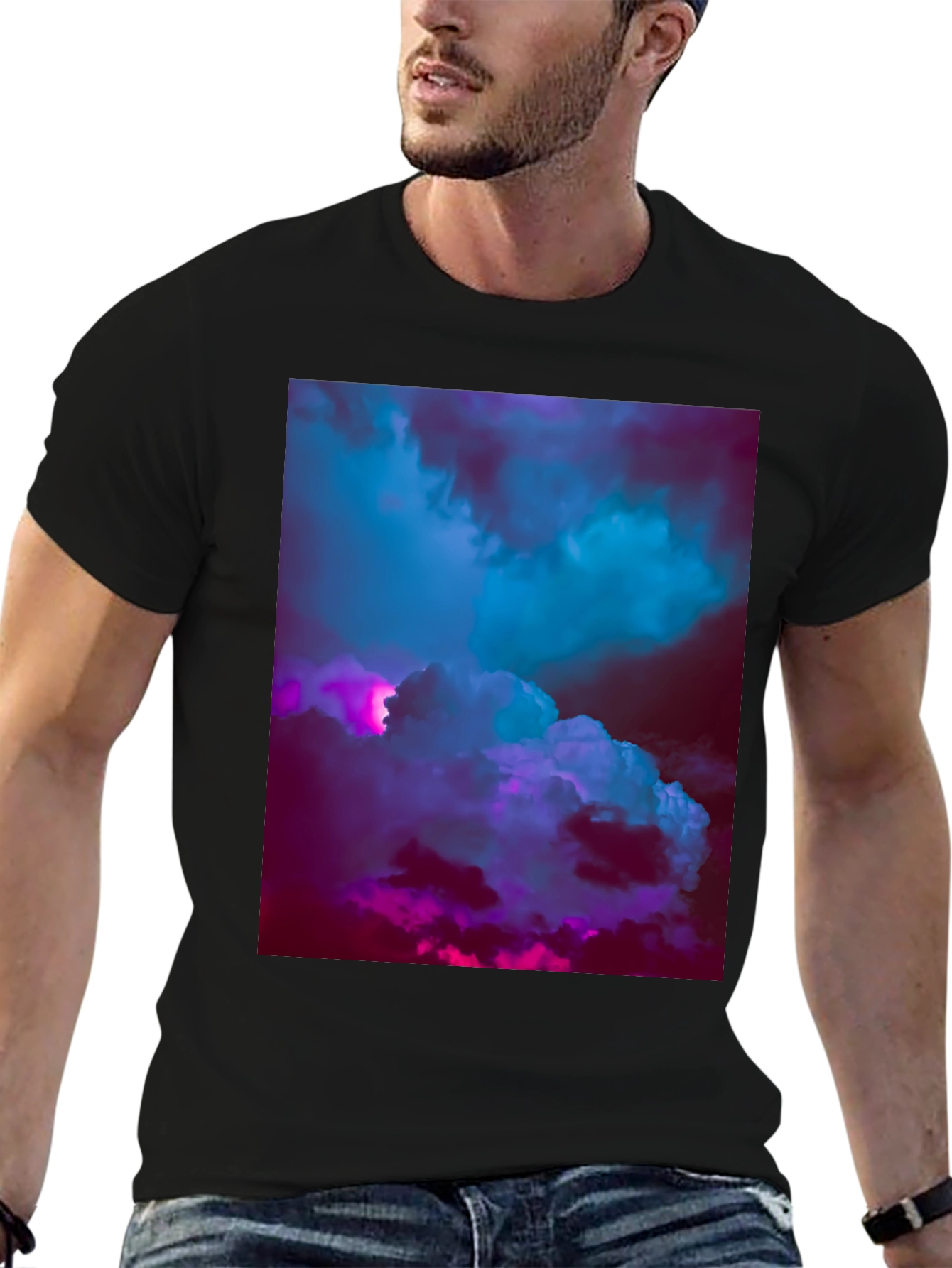 Black Vaporwave Clouds Graphic Tee - Black Cotton T-Shirt view 6