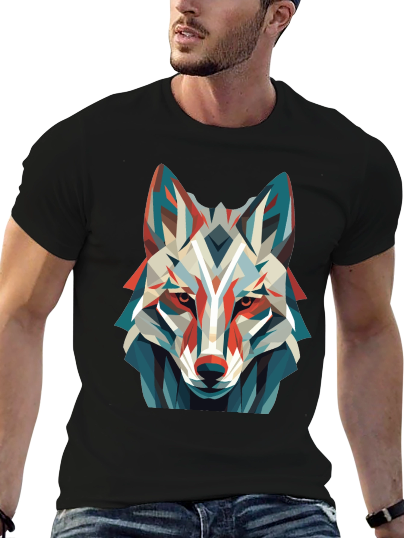 Black Geometric Wolf Graphic Tee - Modern Art Shirt view 6
