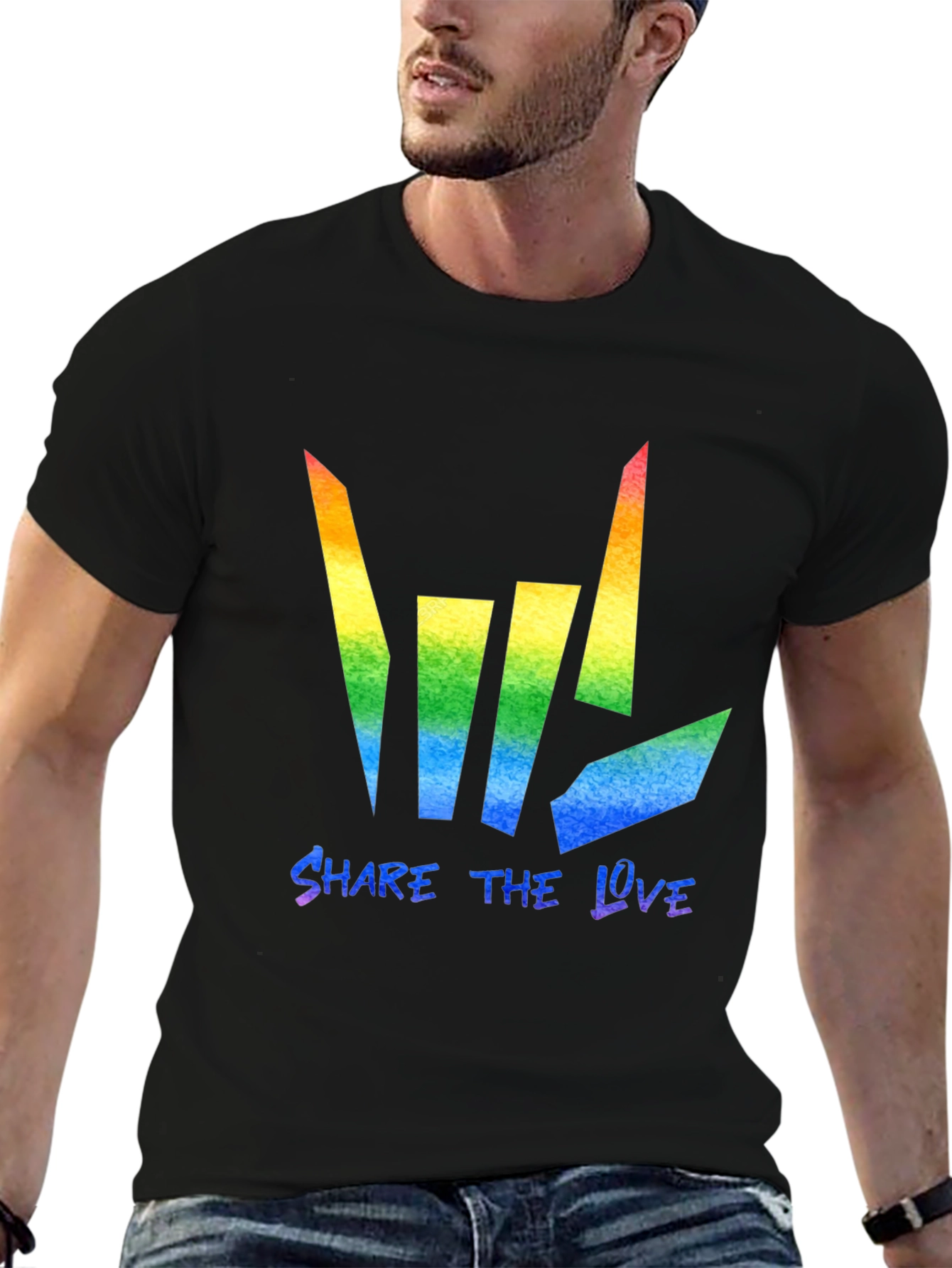 Black Share the Love Rainbow Graphic Tee - Black Cotton Blend view 6