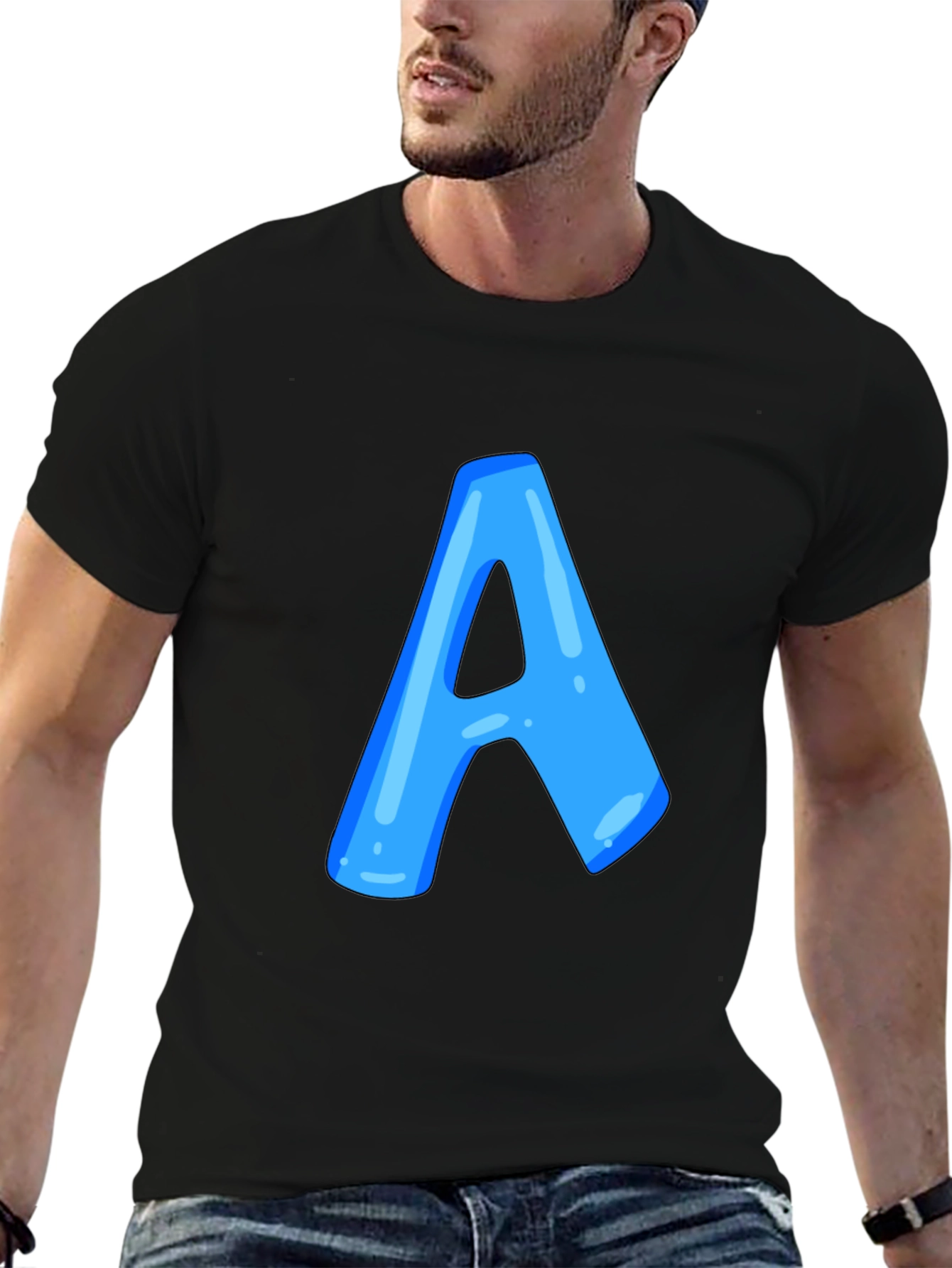 Black Men's Black T-Shirt with Blue Letter "A" Design view 6