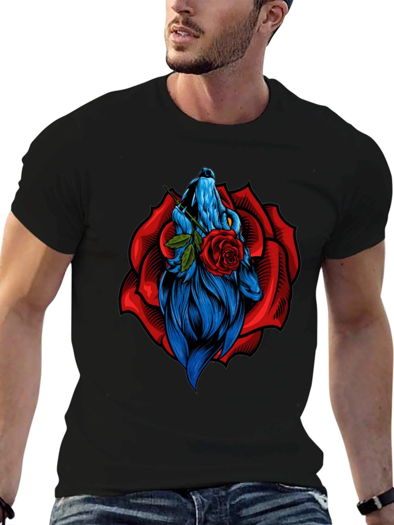 Black Wolf Rose Graphic T-Shirt - Unique Animal Design view 6