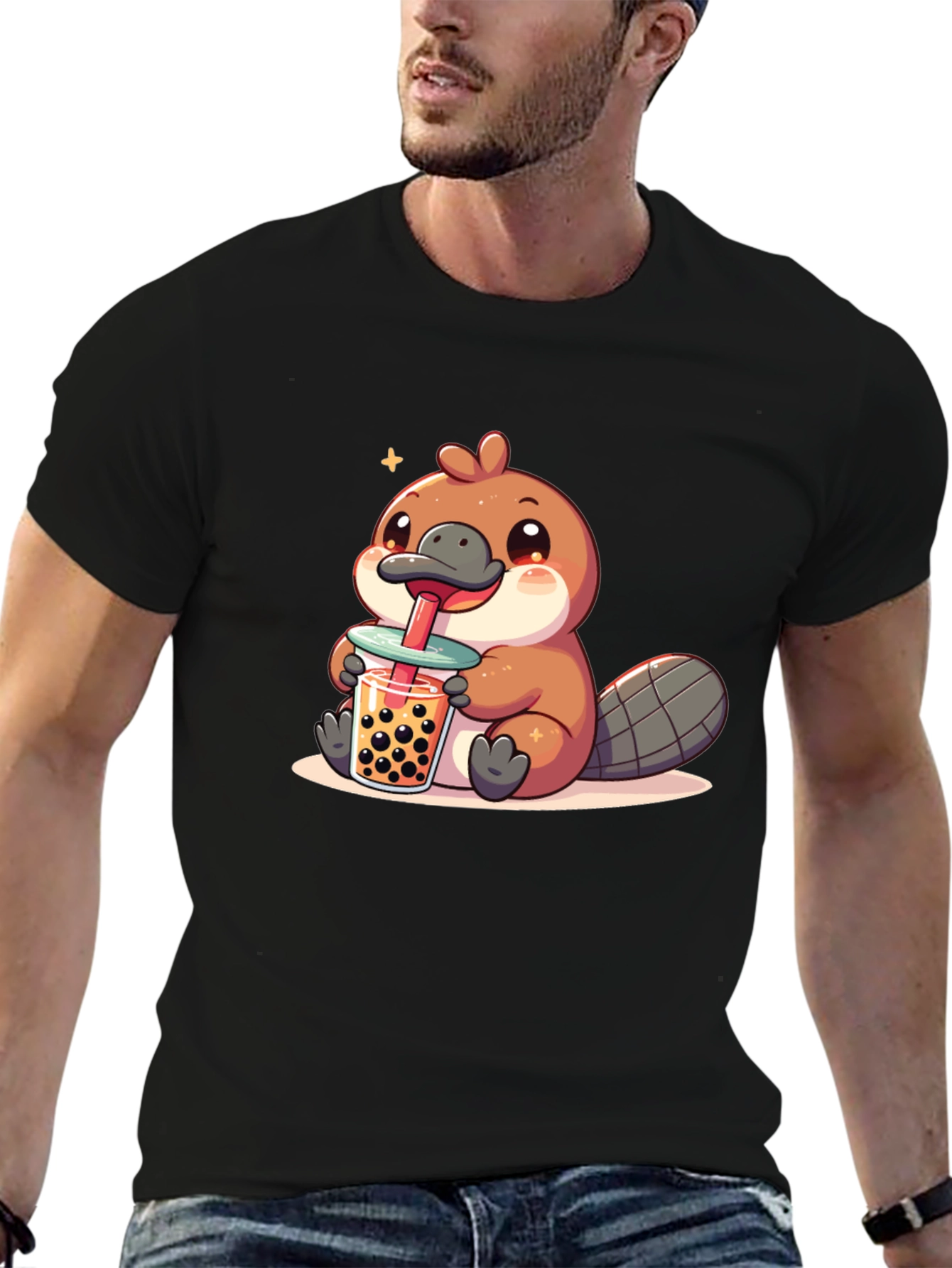 Black Cute Beaver Boba Tea Graphic Tee view 6